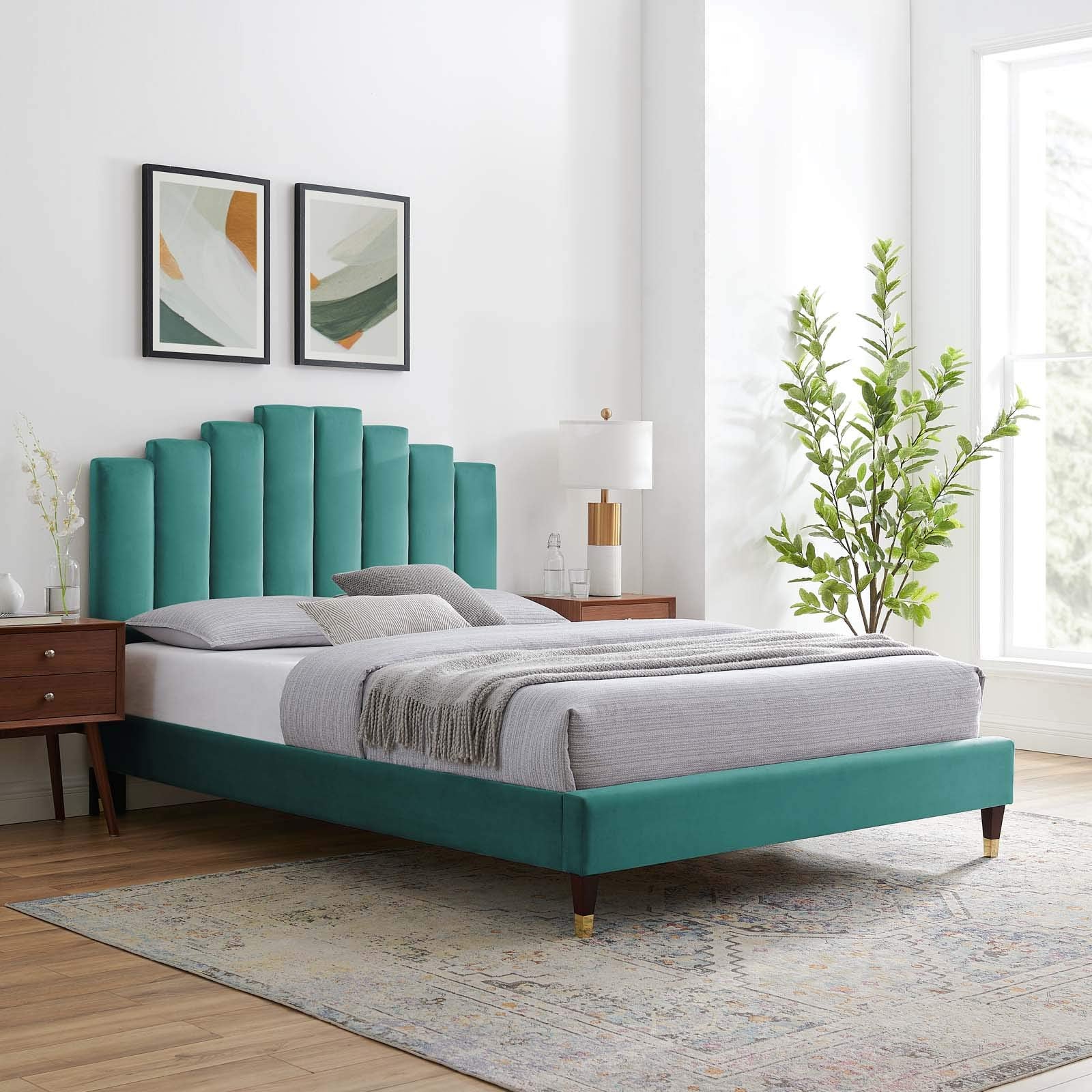 Modway Elise Channel Tufted Performance Velvet Full Platform Bed In Teal With Gold Legs