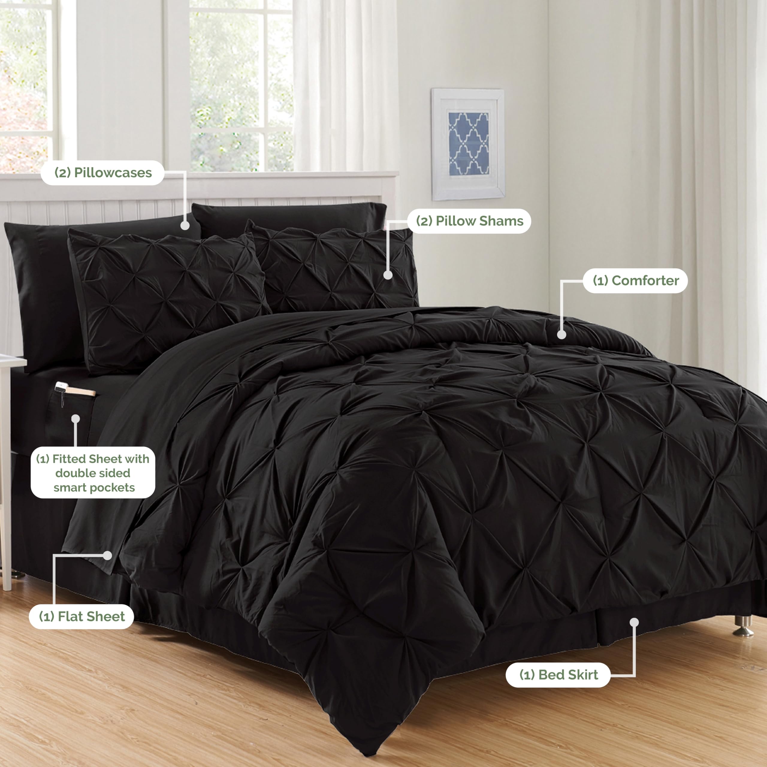 Elegant Comfort Luxury Best, Softest, Coziest 8-Piece Bed-In-A-Bag Comforter Set On Amazon Silky Soft Complete Set Includes Bed Sheet With Double Sided Storage Pockets, King/Cal King, Black