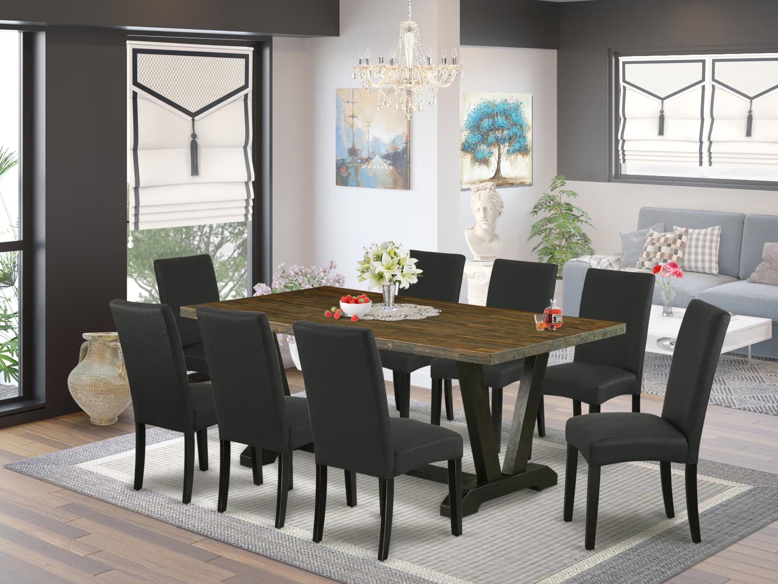 East West Furniture V677Dr124-9 9 Piece Dining Set Includes A Rectangle Dining Room Table With V-Legs And 8 Black Color Linen Fabric Upholstered Parson Chairs, 40X72 Inch, Multi-Color