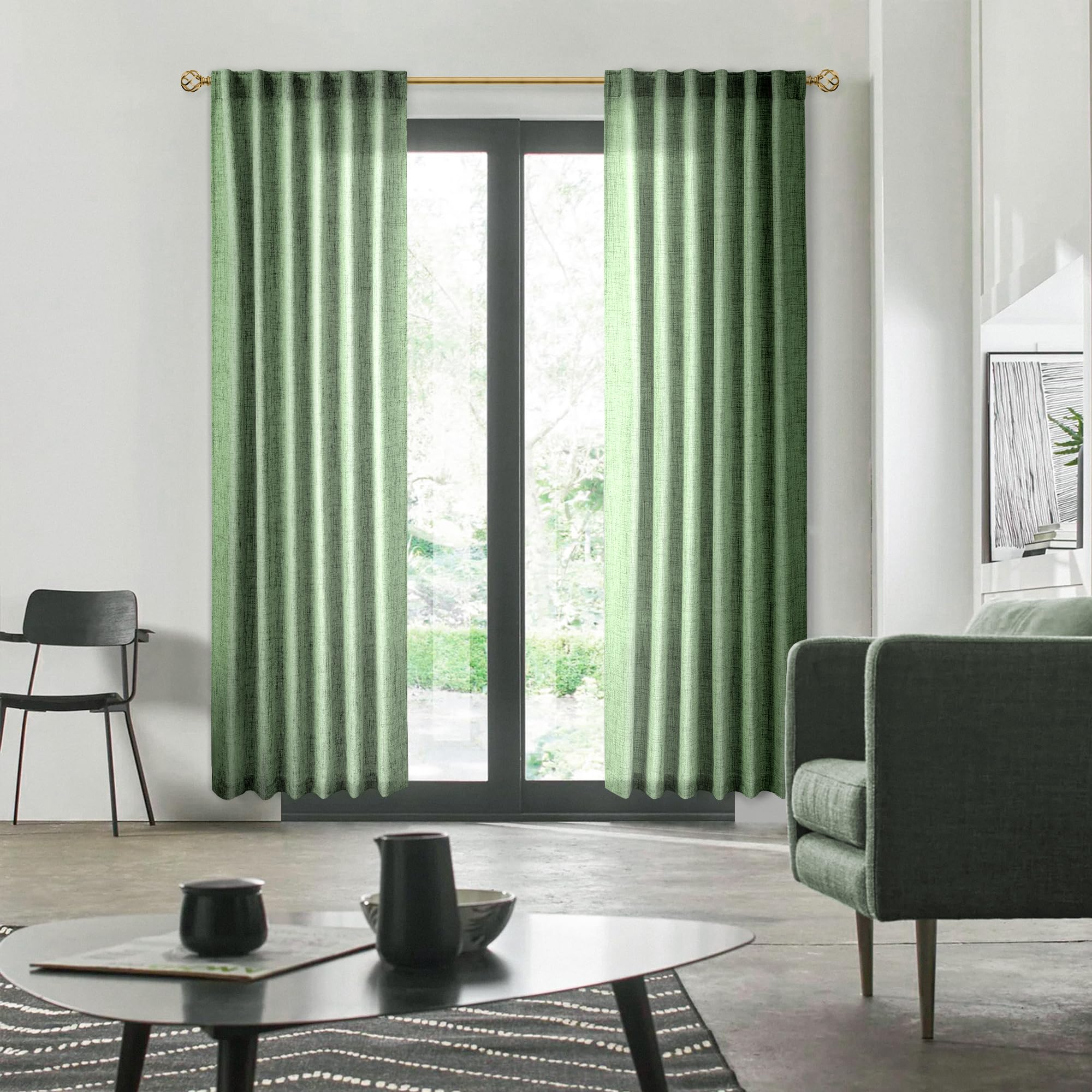Olive Green Linen Curtains 84 Inch Length For Living Room 2 Panels Back Tab Light Filtering Boho Forest Hunter Green Semi Sheer