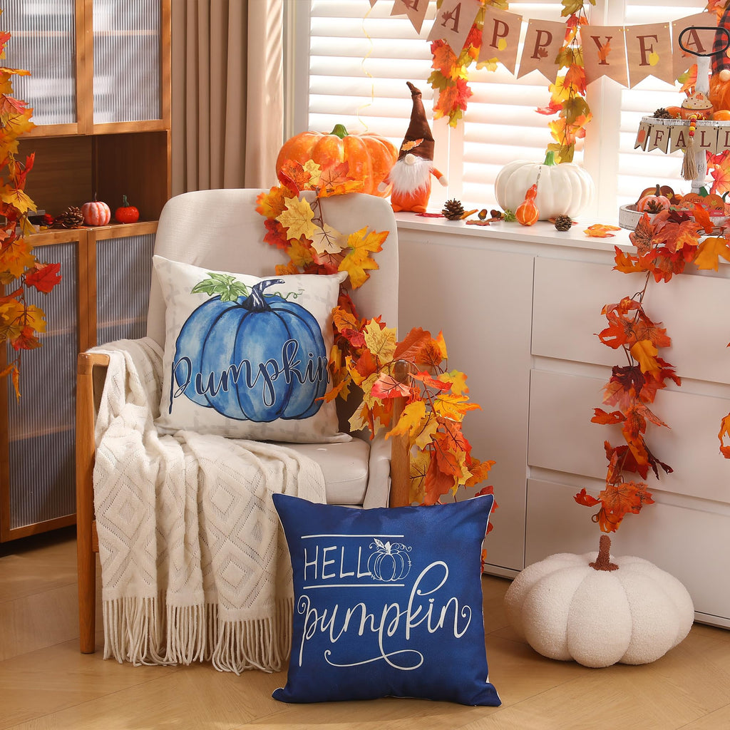 Dfxsz Fall Pillow Covers 20X20 Inch Set Of 4 Buffalo Plaid Fall Blue Pumpkin Throw Pillow Cover Autumn Thanksgiving Decoration F