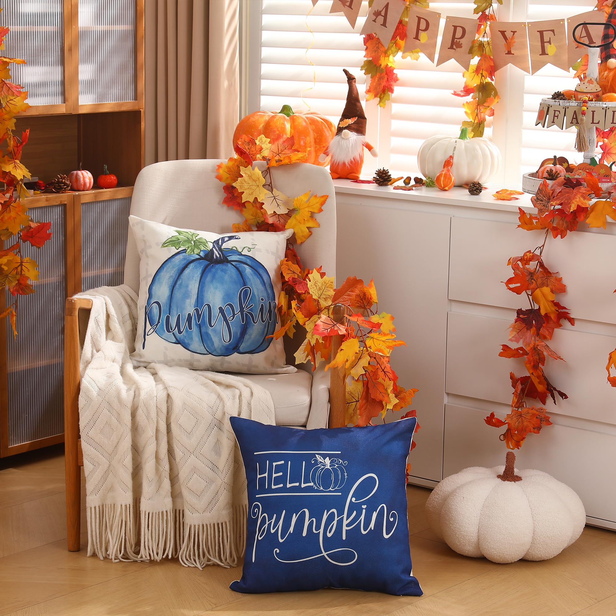 Dfxsz Fall Pillow Covers 20X20 Inch Set Of 4 Buffalo Plaid Fall Blue Pumpkin Throw Pillow Cover Autumn Thanksgiving Decoration F