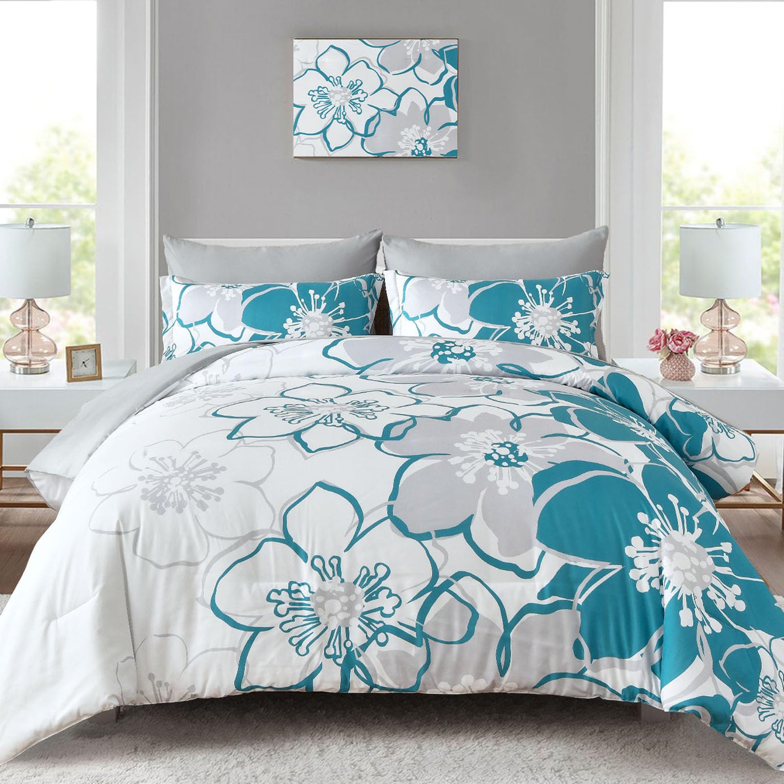 Teal Floral Comforter Set King Size 7 Piece, Teal Blue Flower Bed In A Bag, Elegant Botanical Floral Comforter Soft Microfiber C