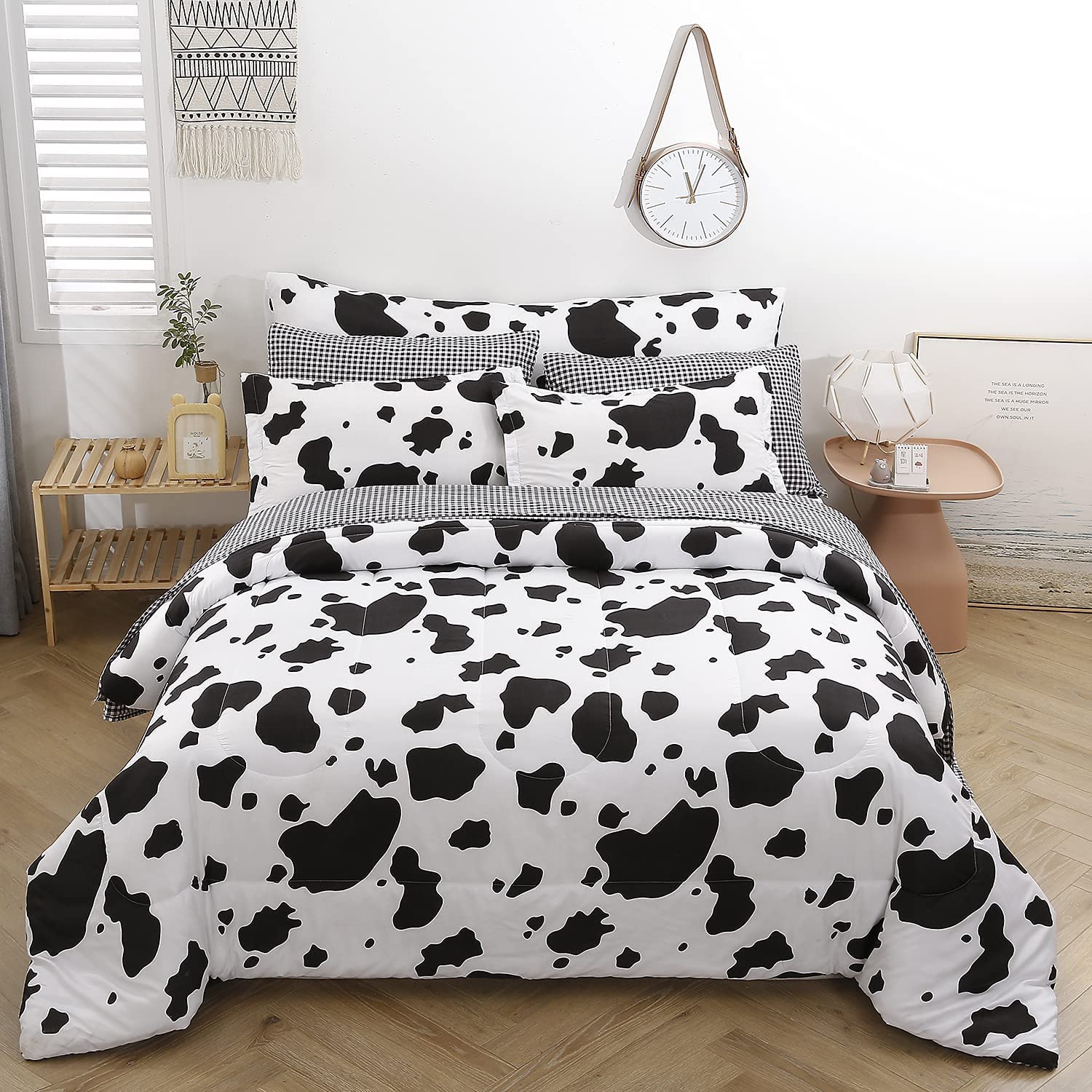 Sucses Cow Print Full Size Comforter Sets, 8 Pieces Bed In A Bag Comforter Set With Sheets, Black And White Bedding Set For Kids