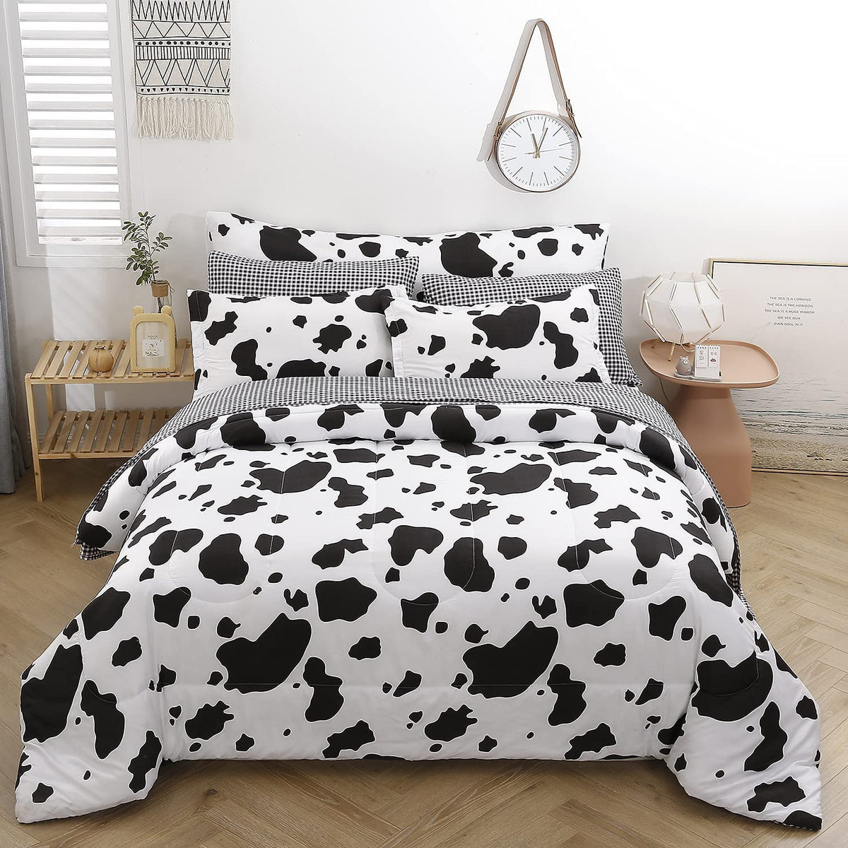 Sucses King Size Cow Comforter Set, 8 Pieces Black And White Bedding Set, Cute Cow Print King Bed In A Bag Comforter With Sheets