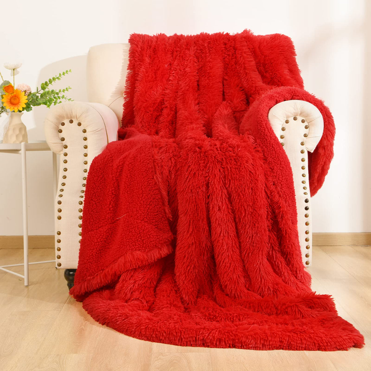 Benron Bright Red Throw Blankets 50'X60', Soft Sherpa Shaggy Blankets, Cozy Lightweight Fluffy Faux Fur Blankets For Bed Couch