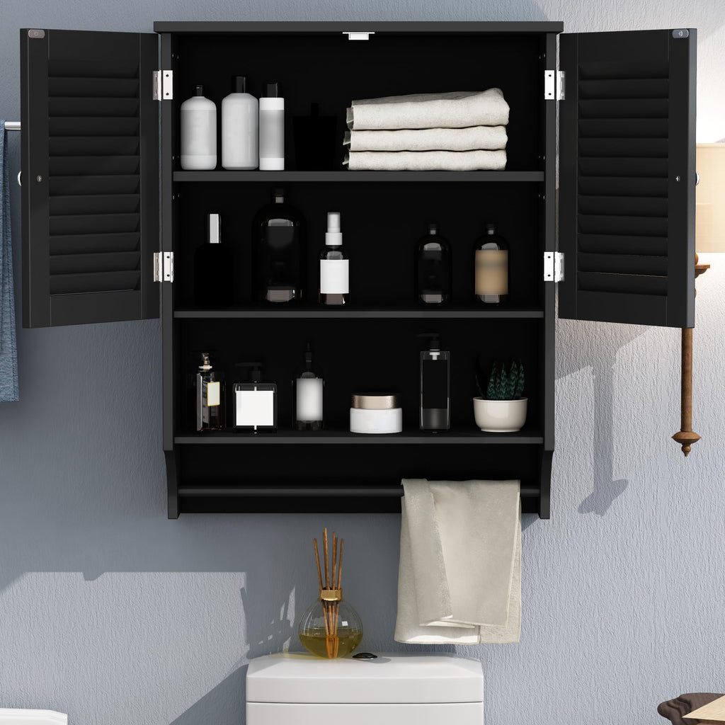 Choochoo Bathroom Wall Cabinet With Towels Bar, 23.6' L X7.9 W X27.5 H Mdf Material Medicine Cabinet, 2 Doors Over The Toilet Space Saver Storage Cabinet With Large Space, Black