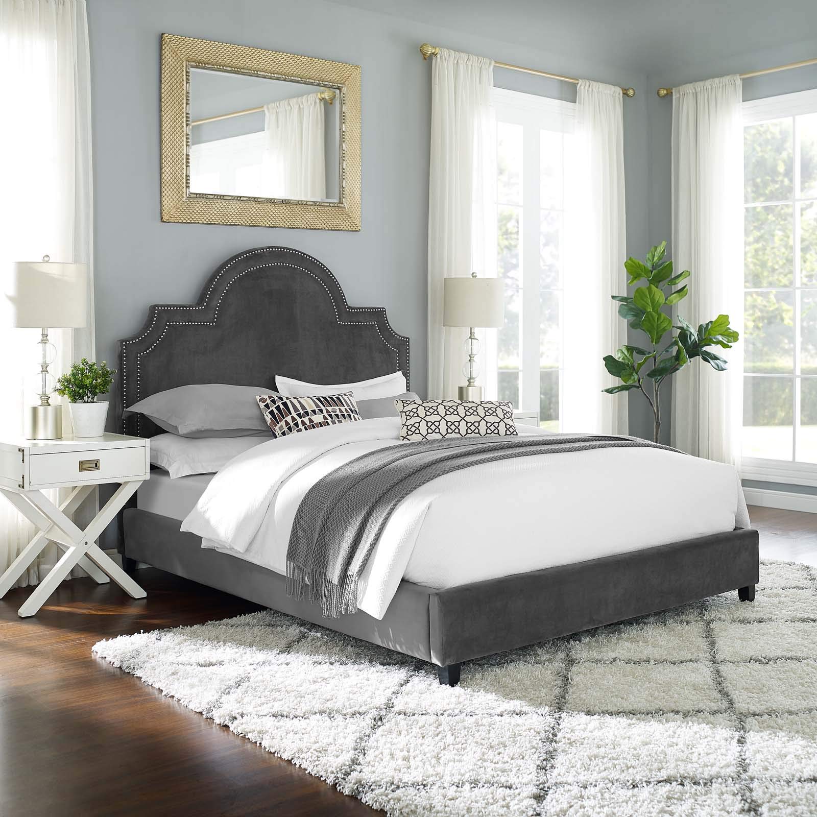 Modway Primrose Performance Velvet Queen Platform Bed With Nailhead Trim In Gray