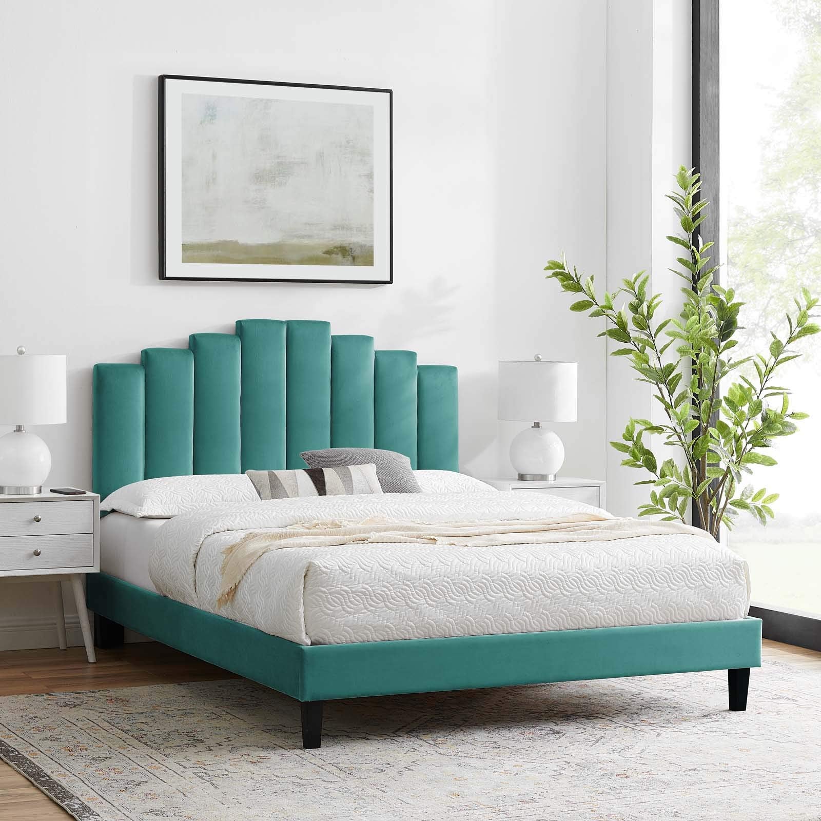 Modway Elise Channel Tufted Performance Velvet Full Platform Bed In White With Black Wood Legs, King, Teal