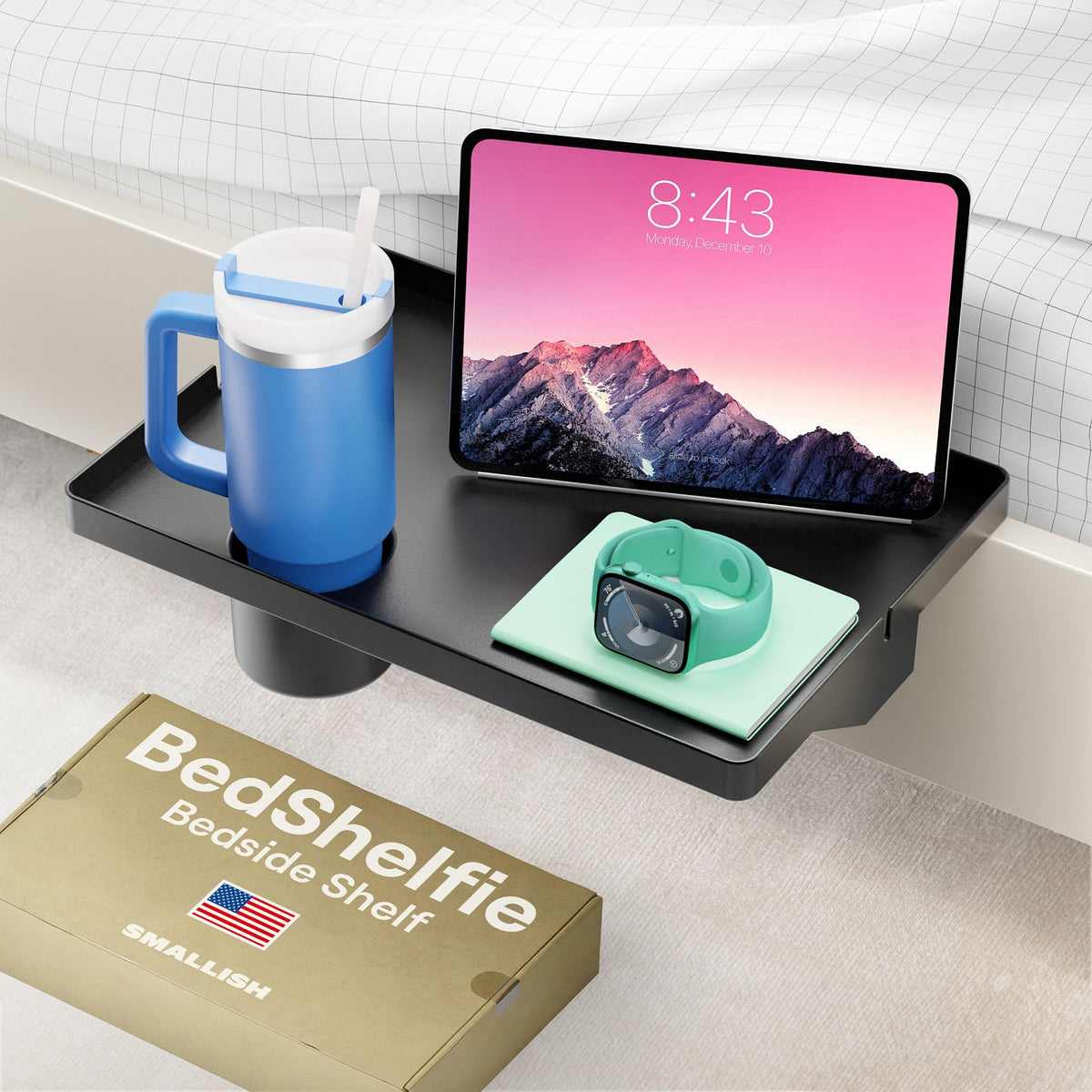 Bedshelfie Bedside Shelf For Bunk Bed & Top Bunk, College Dorm Room Essentials, Clip On Nightstand, Bed Side Table Tray Organizer - Cup Holder, Black