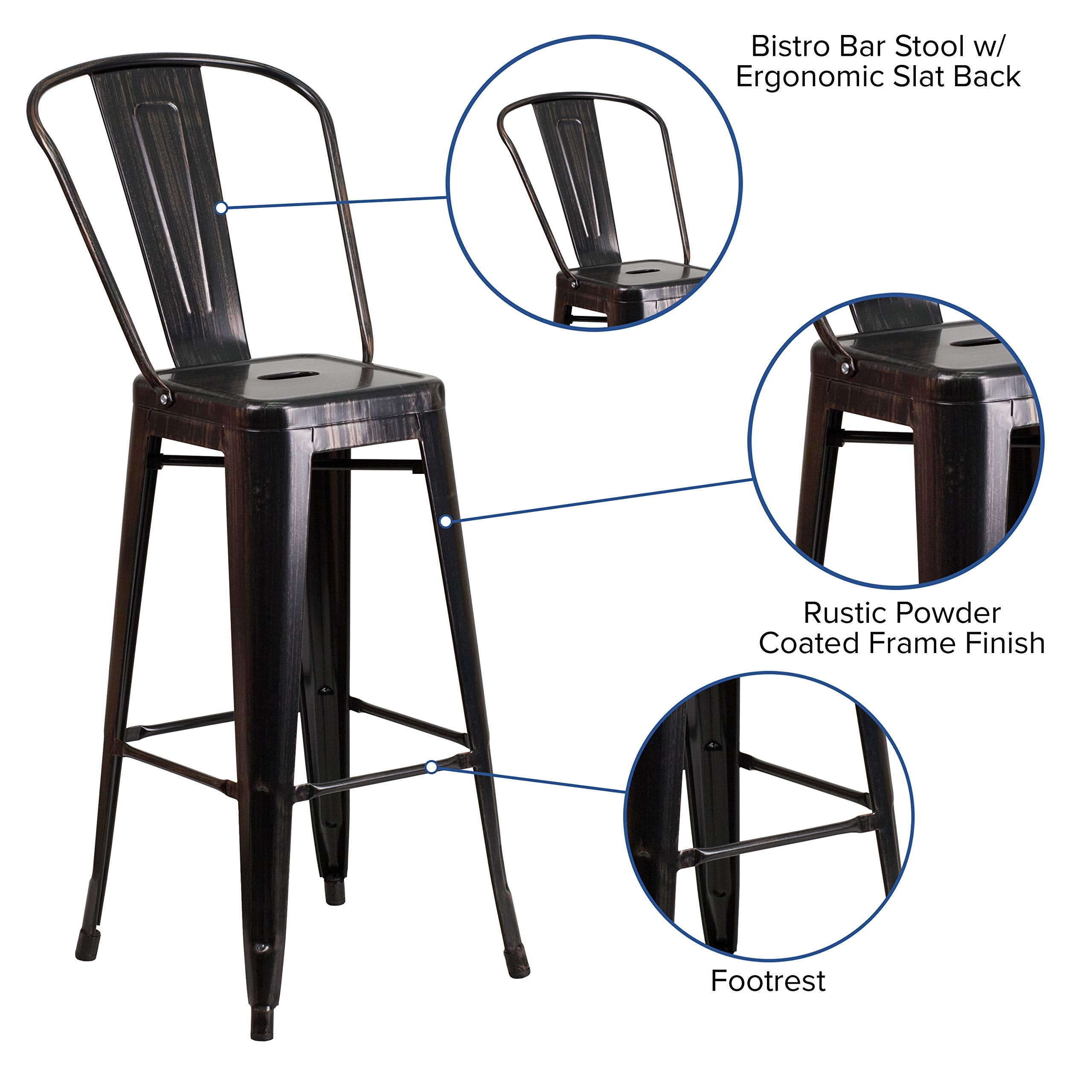 Flash Furniture Commercial Grade 30' High Black-Antique Gold Metal Indoor-Outdoor Barstool With Removable Back