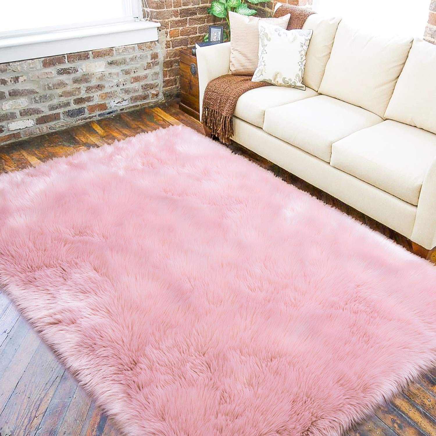 LOCHAS Soft Fluffy Pink Faux Fur Rugs for Bedroom Bedside Rug 4x6 Feet, Washable, Furry Sheepskin Area Rug for Living Room Girls