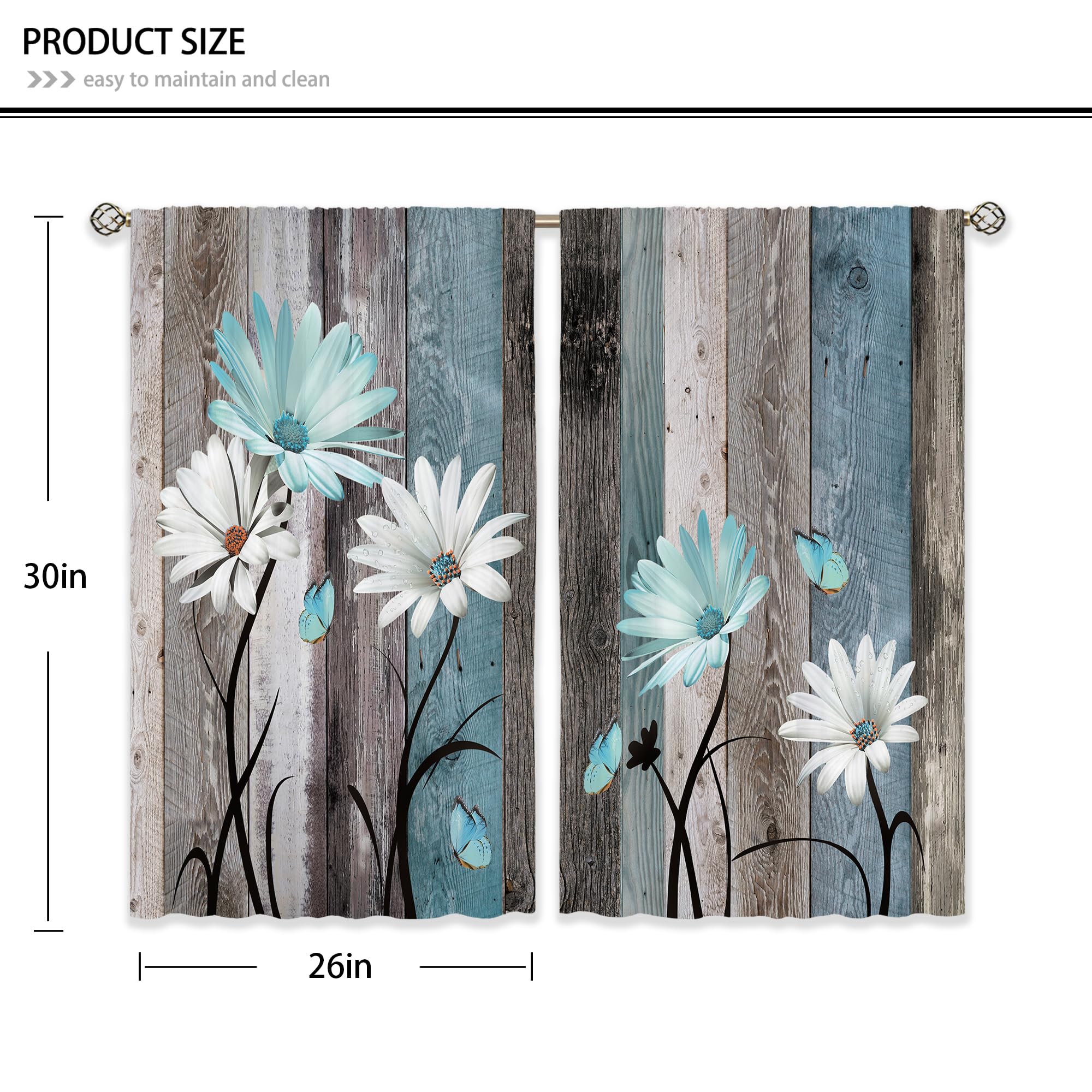 Laifzere Teal Farmhouse Daisy Kitchen Curtains Wooden Flower Small Short Cafe Window Curtains Rustic Floral Butterfly Country Ba