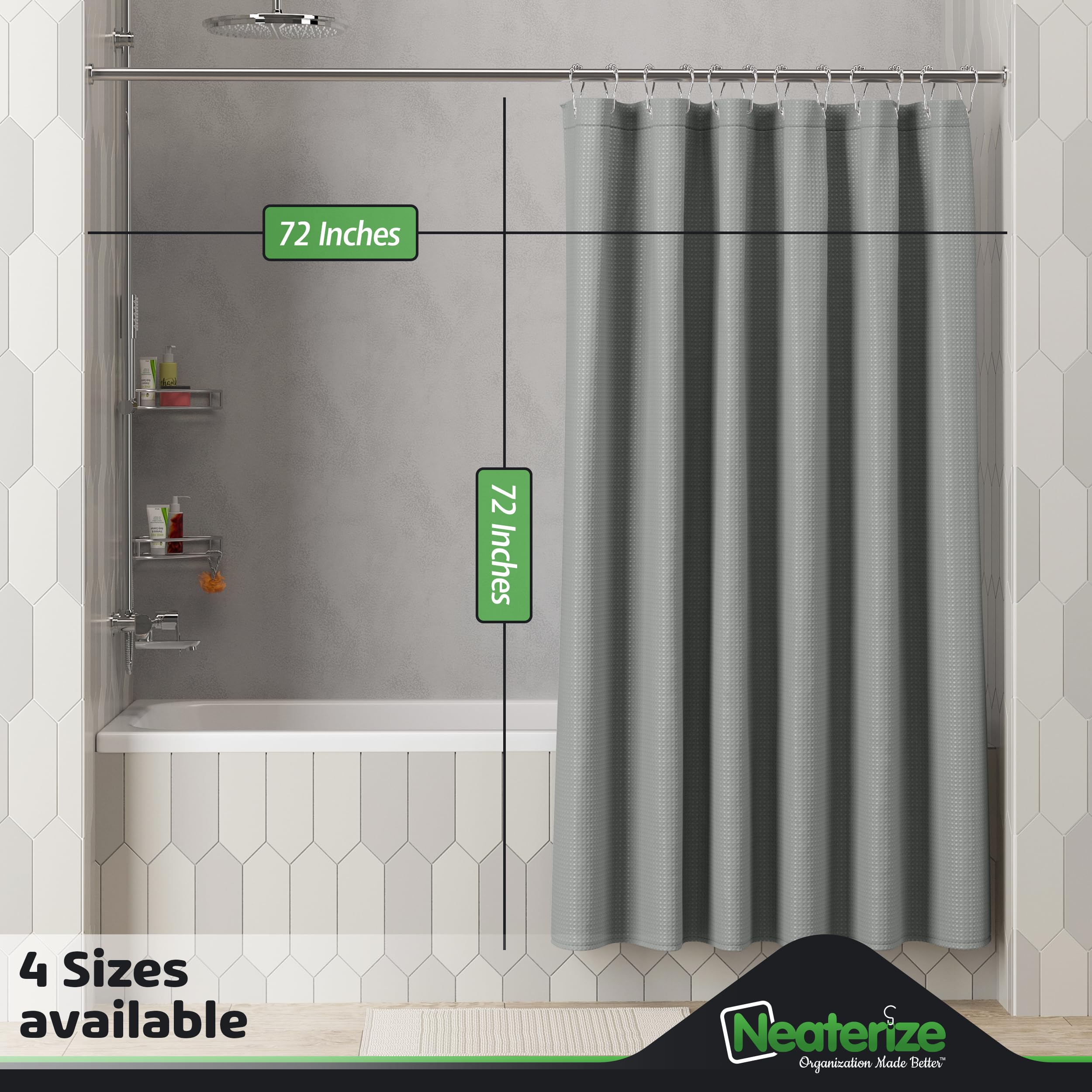 Neaterize Shower Curtain Grey - Hotel Style Grey Shower Curtains For Bathroom With Waffle Design, 72X72 Inches - Fabric Shower C