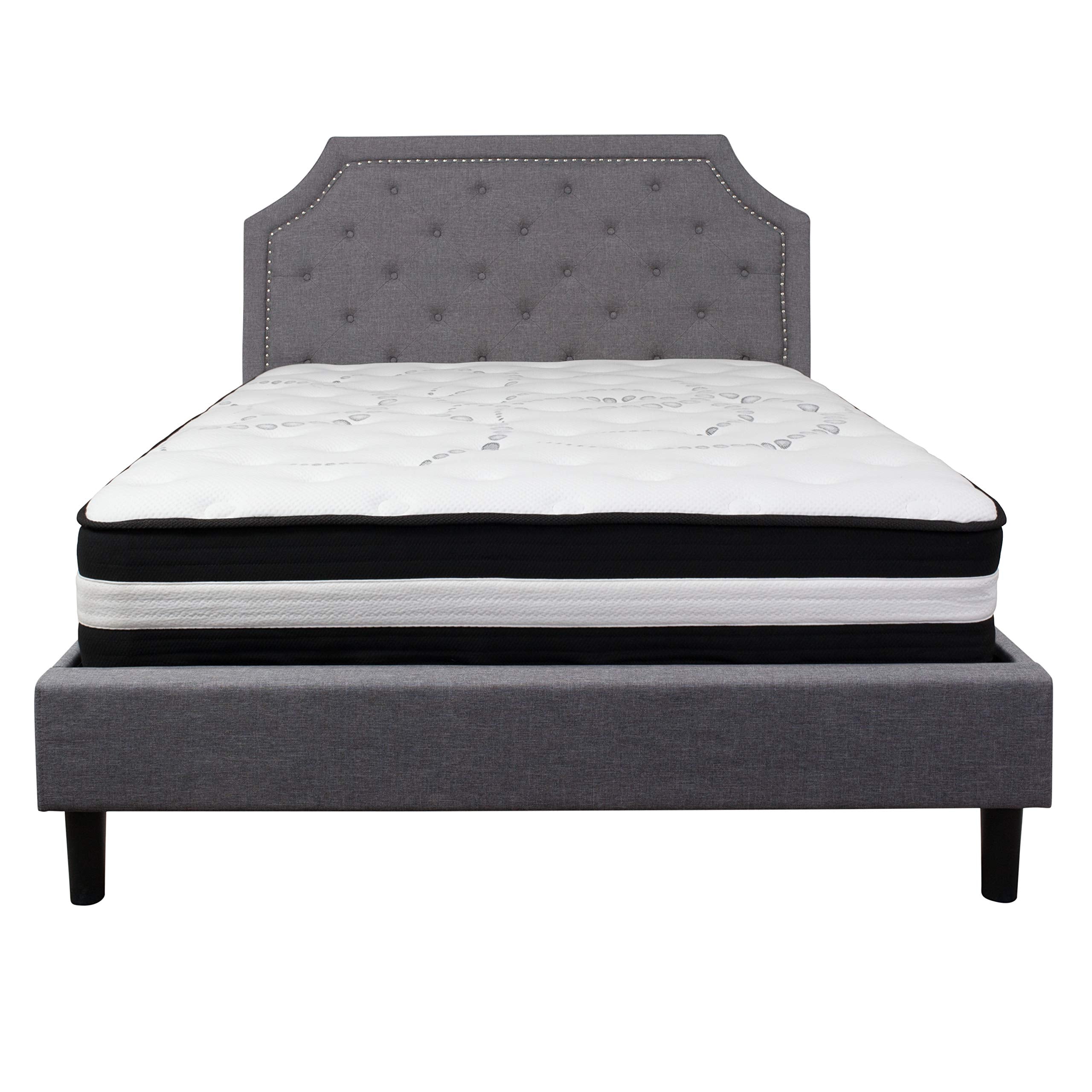 Flash Furniture Brighton Queen Size Tufted Upholstered Platform Bed In Light Gray Fabric With Pocket Spring Mattress