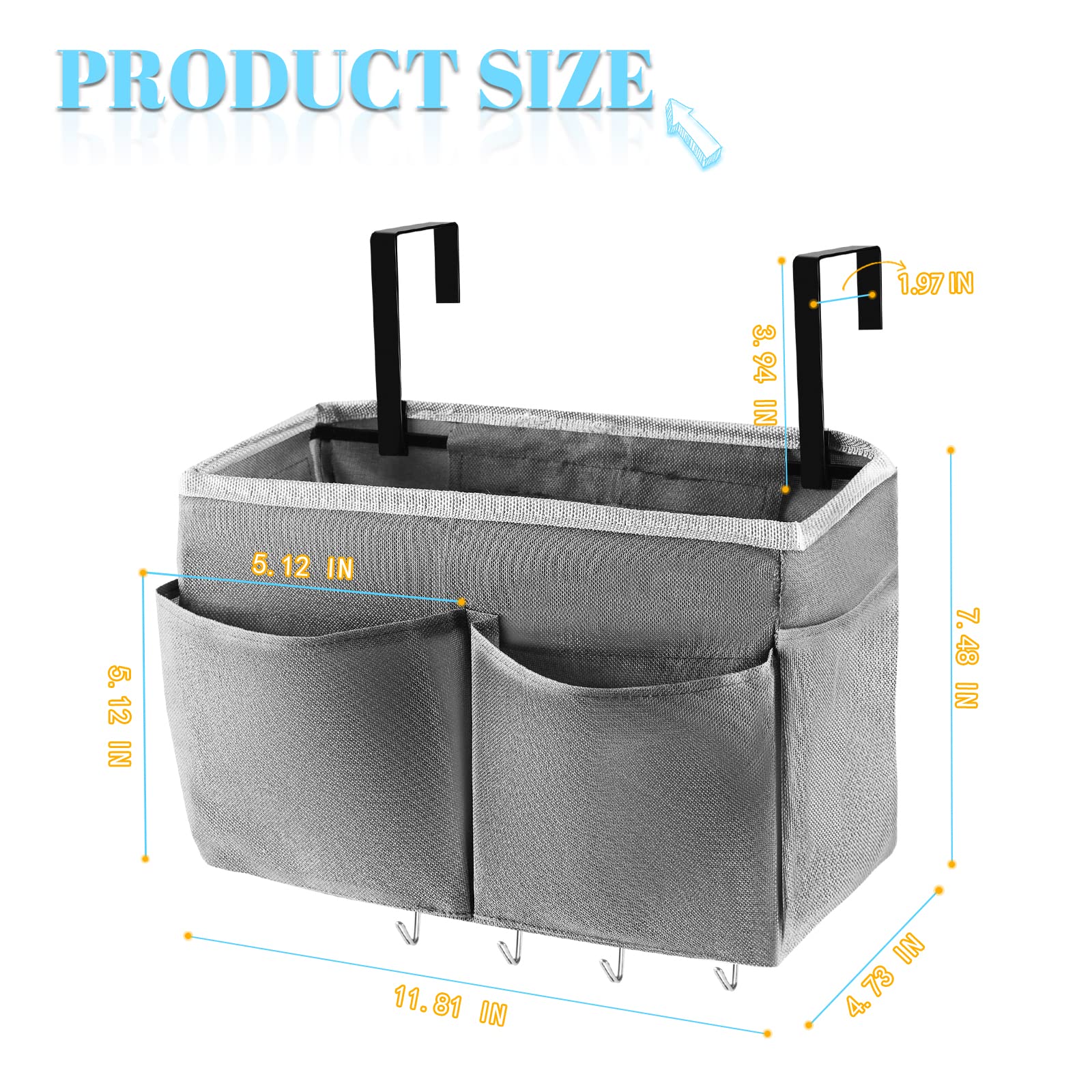 Frjjthchy Bedside Storage Organizer 5 Pockets With 4 Hooks Hanging Storage Bag For Headboards/Bunk Bed (Grey)