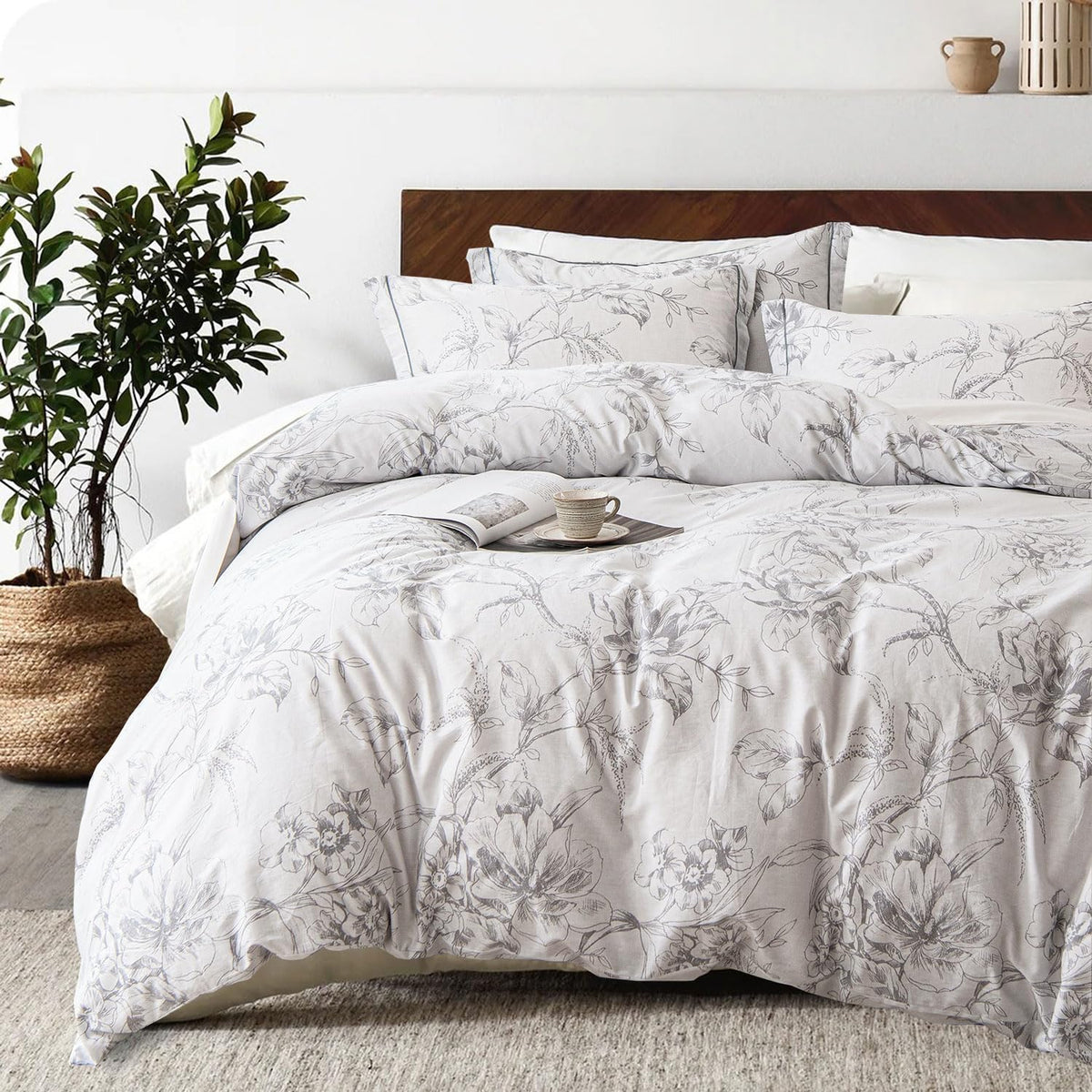 Aleissel 100% Natural Cotton 3Pcs Floral Duvet Cover Sets-Grayish White Duvet Cover With Gray Luxurious Flowers & Branches Patte