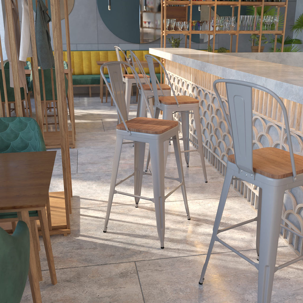 Flash Furniture Lily 30" High Silver Metal Barstool With Back And Wood Seat (Pack Of 1)