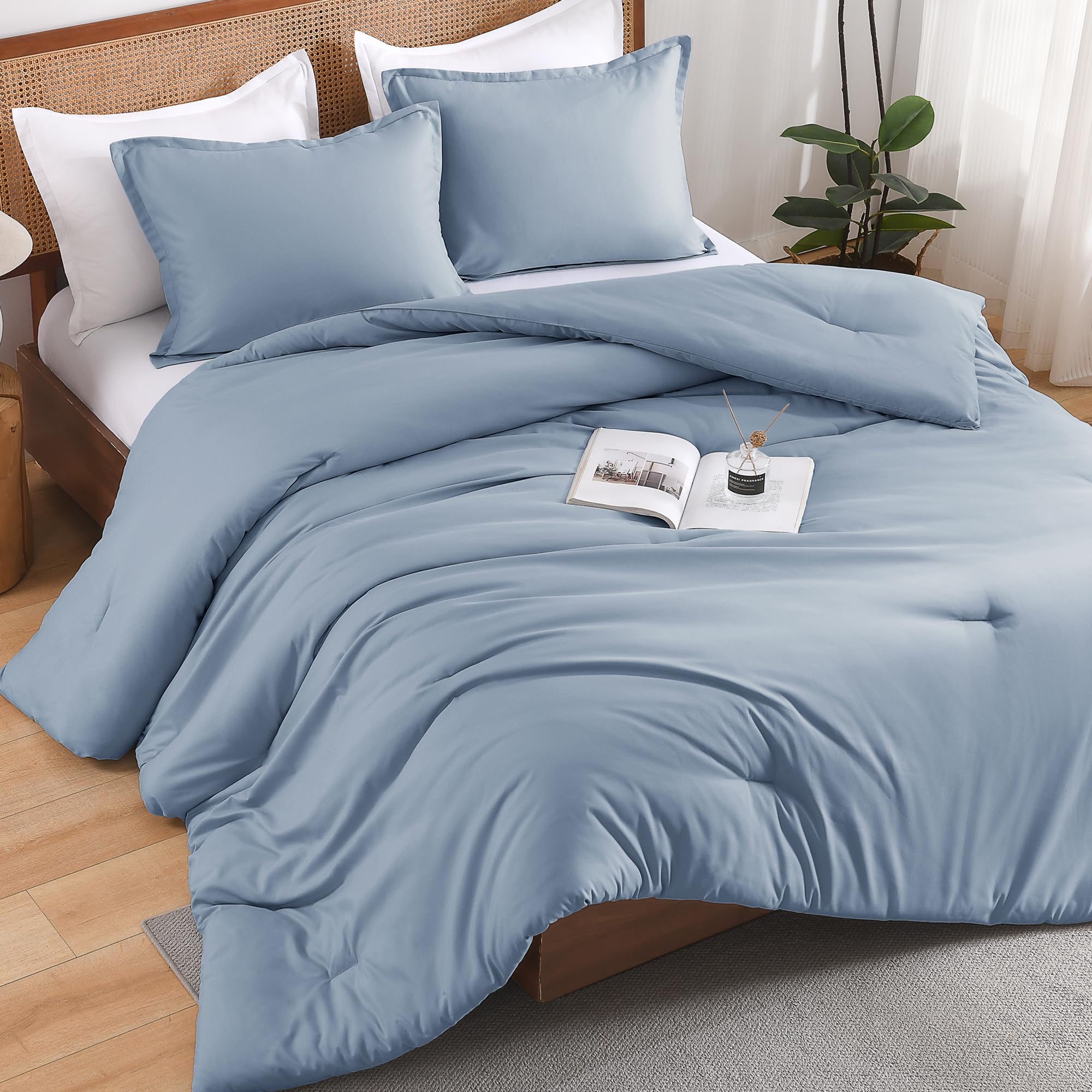 Andency Grayish Blue Comforter Set Queen Size, 3 Pieces Solid Boho Lightweight Bedding Comforter Set, All Season Soft Bed Comforter Set For Kids Teens Adults (90X90In Comforter)