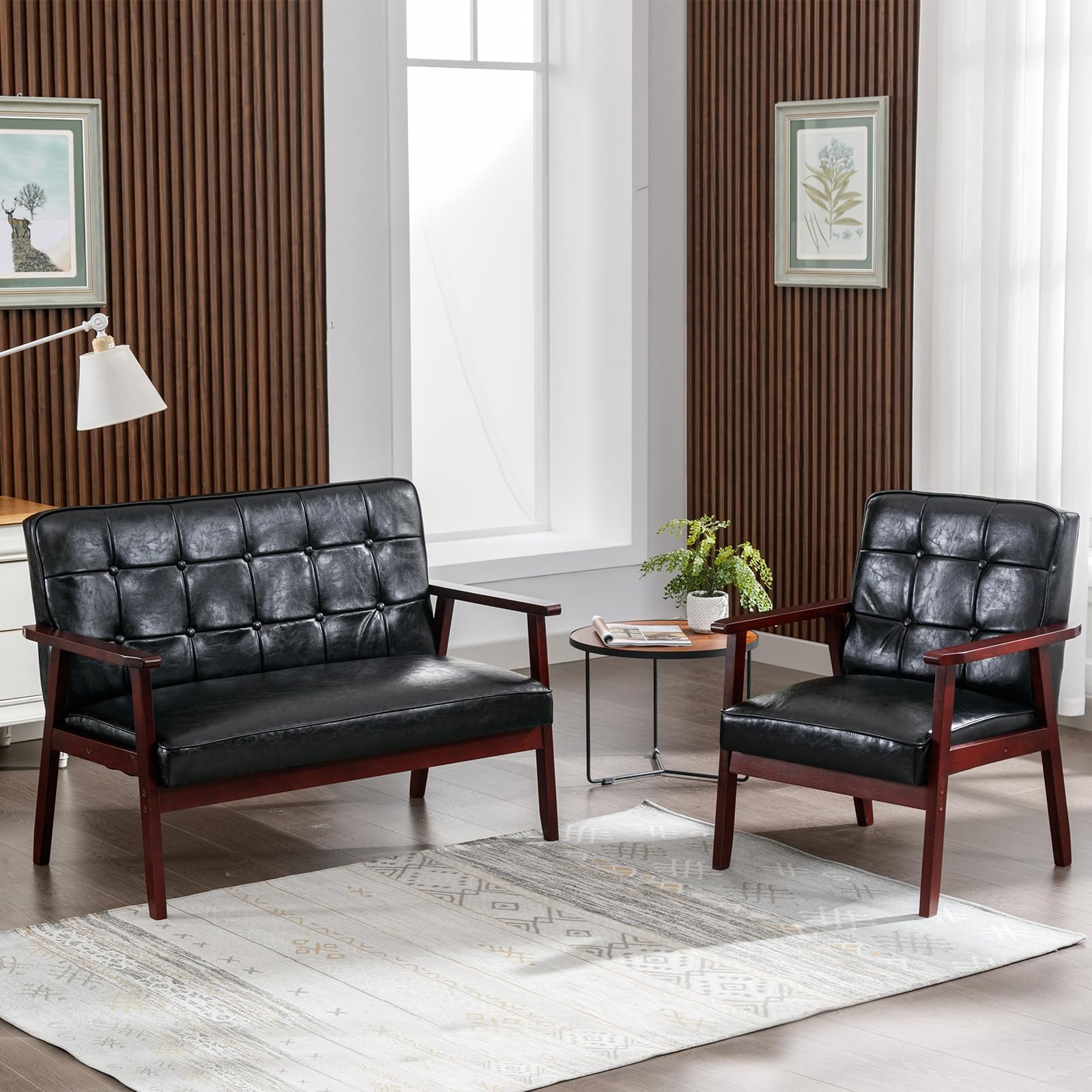 Okeysen Modern Loveseat Sofa Set (Black) - Ergonomic Leather, Mid-Century Design, 2-Seat & Accent Chair, Small Spaces Furniture,