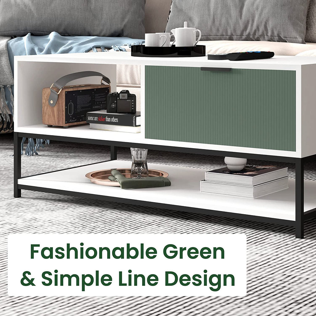 Lilola Home Watson White and Green Wood Coffee Table Steel Frame with Shelves and Drawer