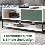 Lilola Home Watson White and Green Wood Coffee Table Steel Frame with Shelves and Drawer