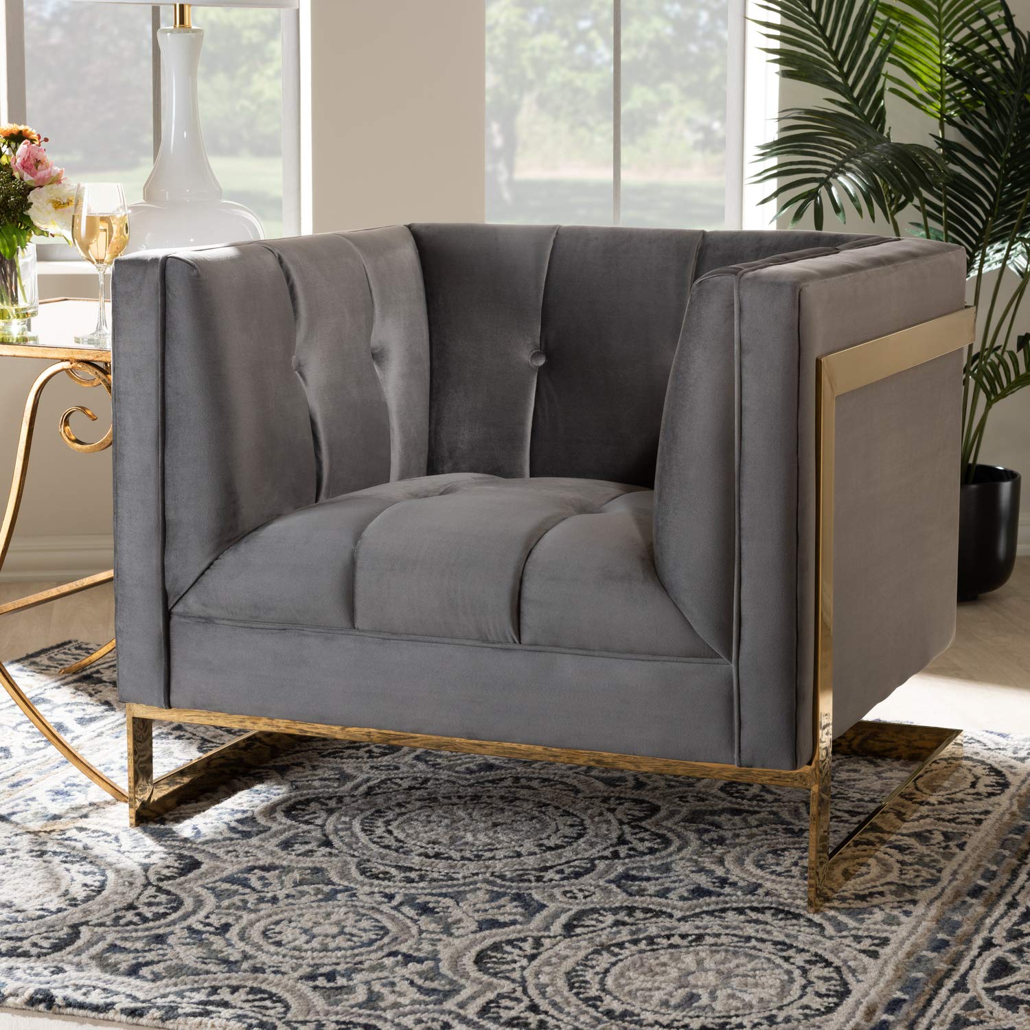 Baxton Studio Ambra Glam and Luxe Grey Velvet Fabric Upholstered and Button Tufted Armchair with Gold-Tone Frame