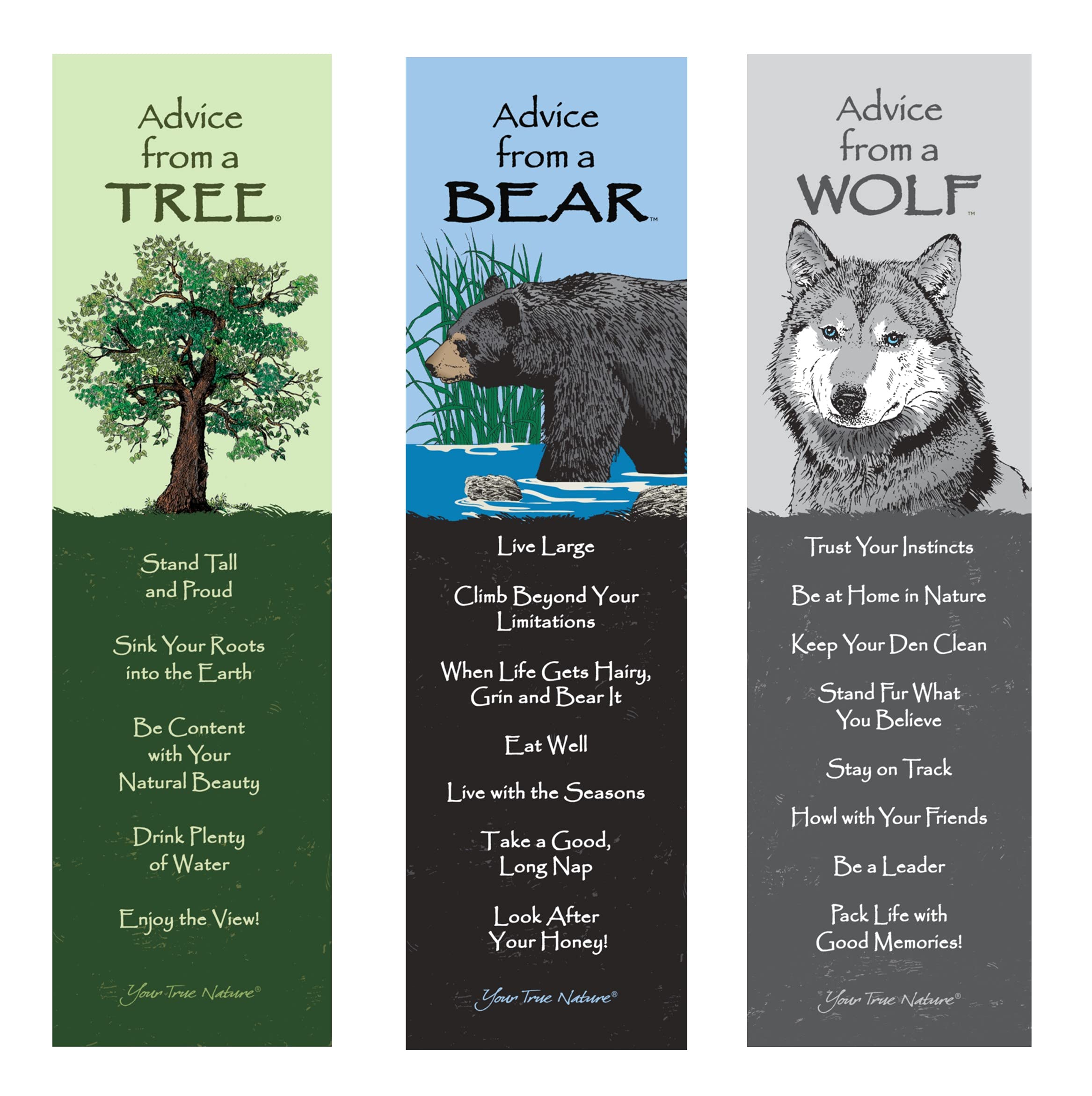 Your True Nature Advice From Nature 3 Bookmark Nature Set, Laminated With Glossy Finish, Printed On Recycled Paper - Bear, Wolf,