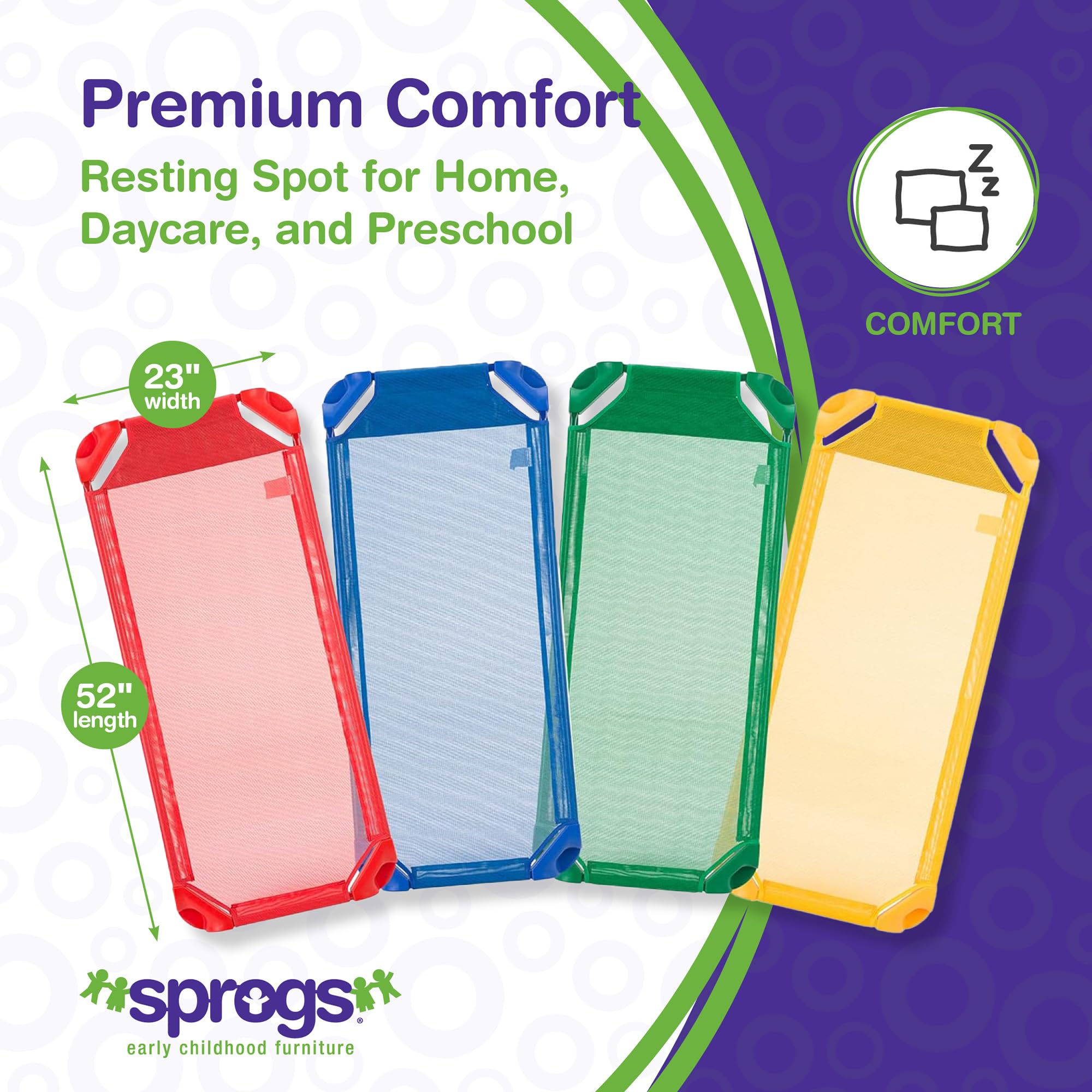 Sprogs Heavy-Duty Stackable Standard Size 52'L Daycare Cots For Kids And Toddlers, Stacking Preschool Classroom Kids Cots For Sleeping, Resting, Naptime, Pack Of 4, Assorted Color