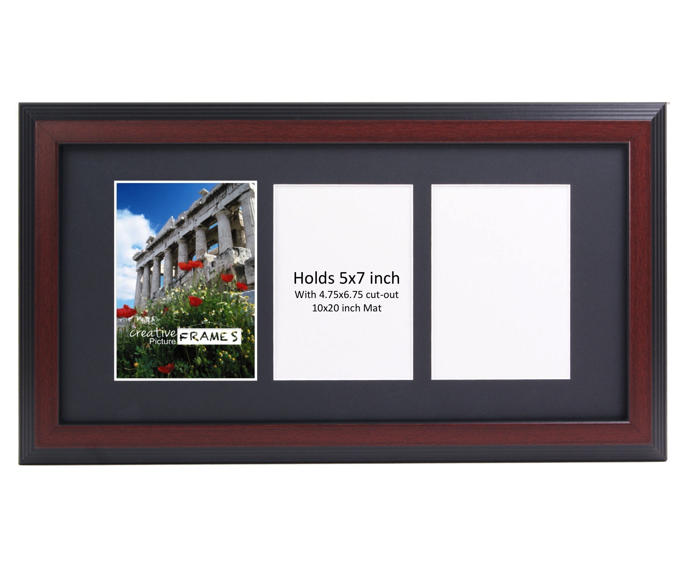 CreativePF 3 Opening Mahogany Picture Frame with Glass to hold 5 by 7 inch Photographs including 10x20-inch Black Mat Collage
