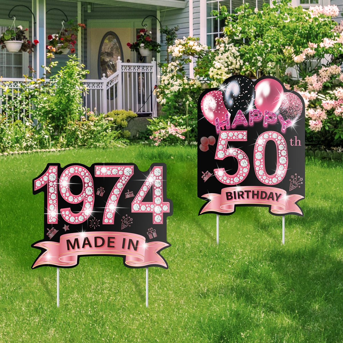2Pcs Rose Gold 50Th Birthday Yard Sign Decorations For Women, 16' Happy 50Th Birthday Waterproof Lawn Signs Decorations With St