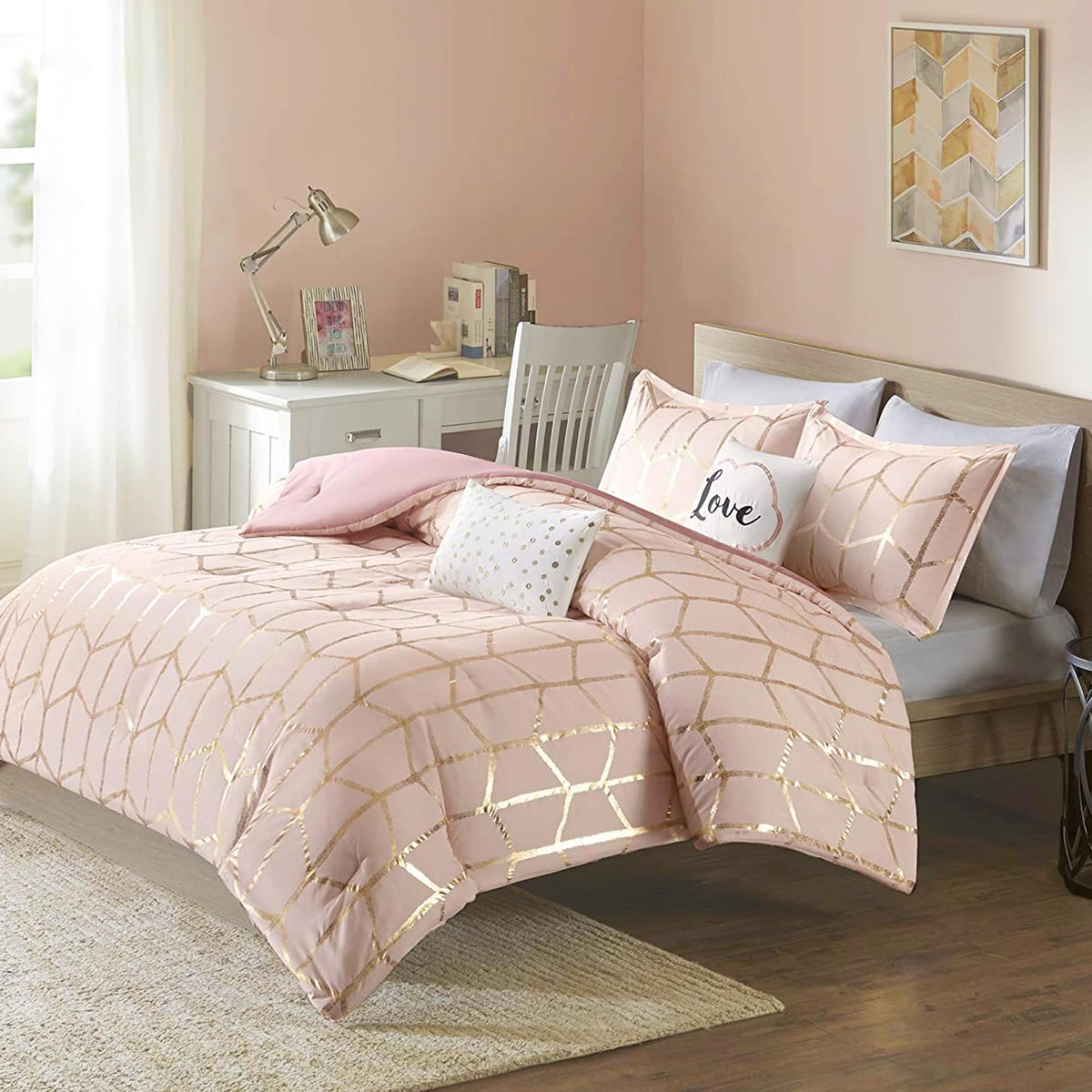 Intelligent Design Raina Comforter Microfiber Metallic Print Geometric Design Embroidered Toss Pillow Modern Trendy Casual All S