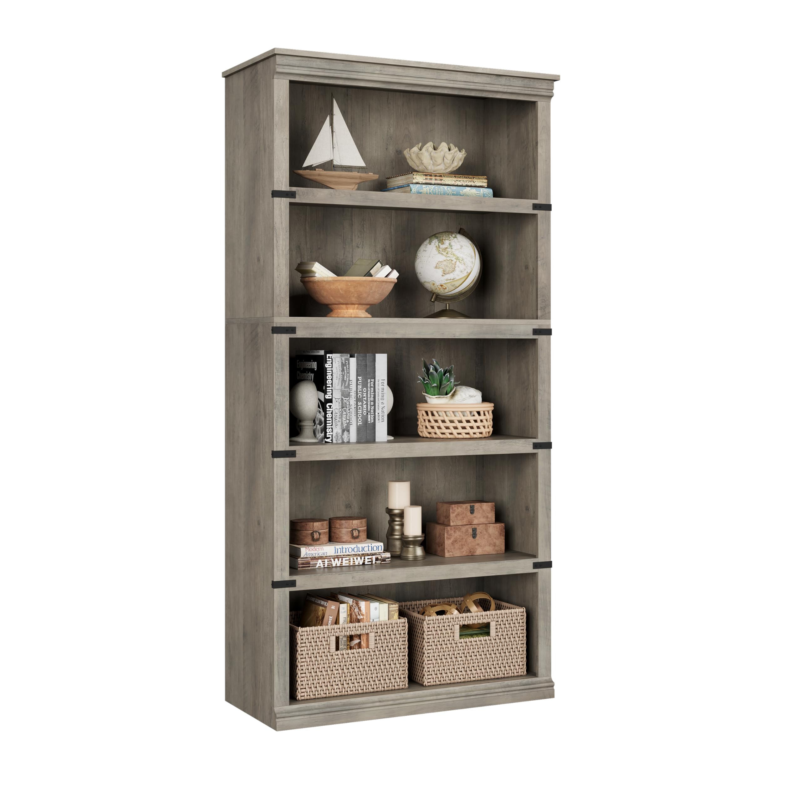 IDEALHOUSE 5 Tier Bookcase, Farmhouse Book Shelf with Storage, 71 Tall Book Case Wooden 5 Shelf Bookcase for Home Office, Living
