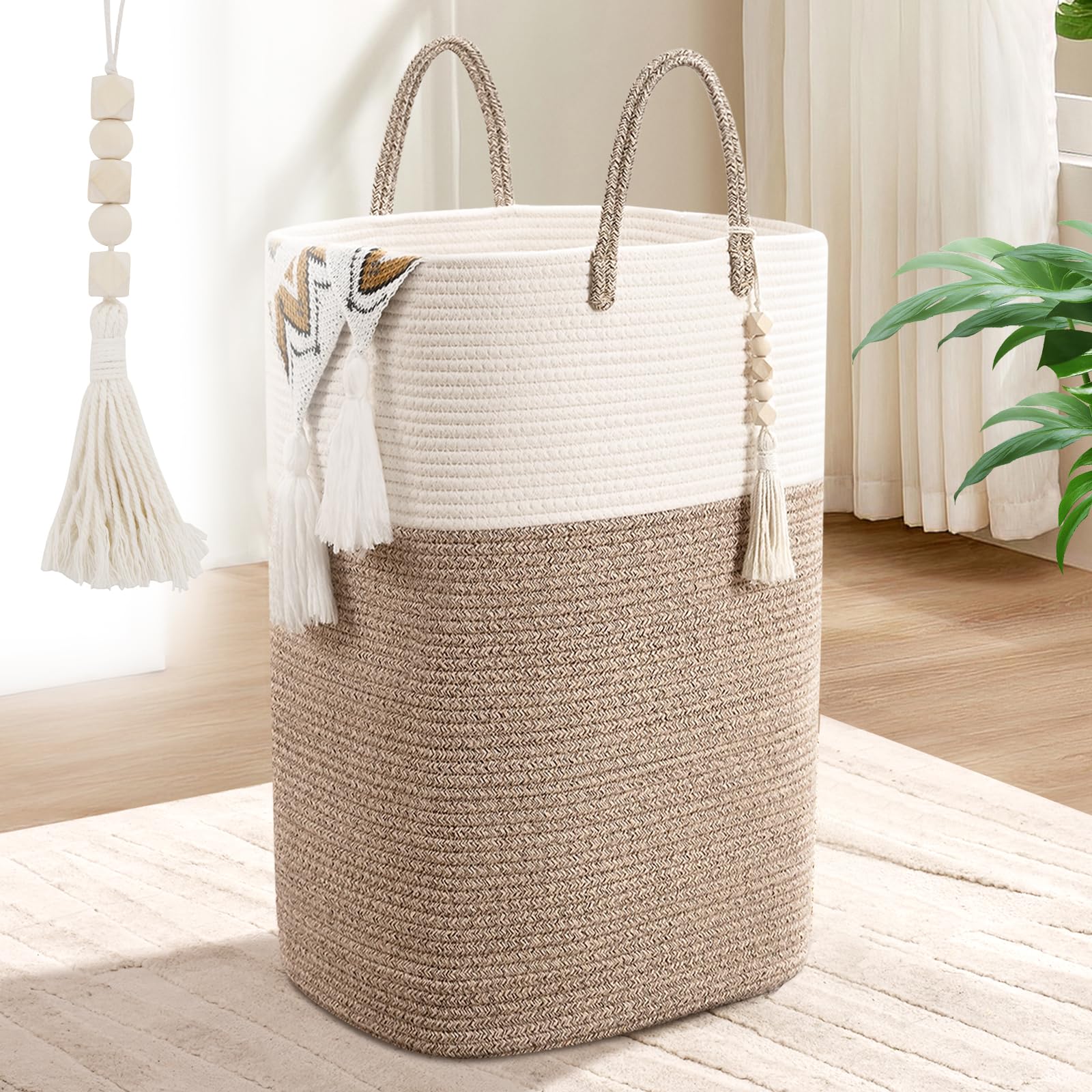 Woven Laundry Basket for Clothes, 65L Large Rectangle Laundry Hampers with Beads Tassel, Nursery Storage Basket for Toys, Tall D