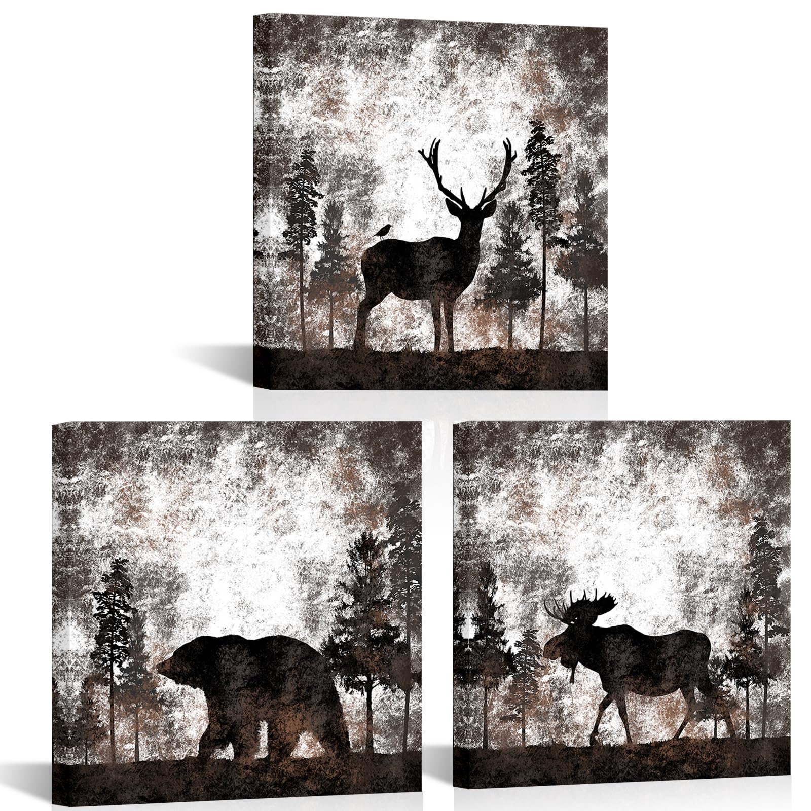 HOMEOART Bear Elk Moose Canvas Wall Art Animal in Forest Rustic Decor Picture Framed Canvas Print Farmhouse Cabin Lodge Home Wal