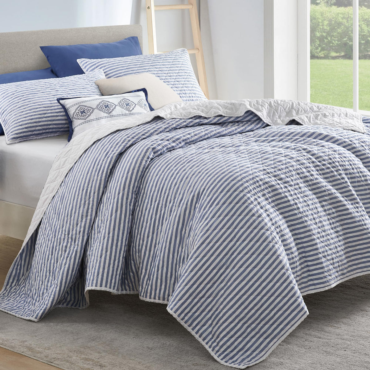 Shalala 100% Cotton Quilt Set King Size, 5 Piece White And Blue Striped Bedspread Farmhouse Soft Reversible Coverlet Bedding Set
