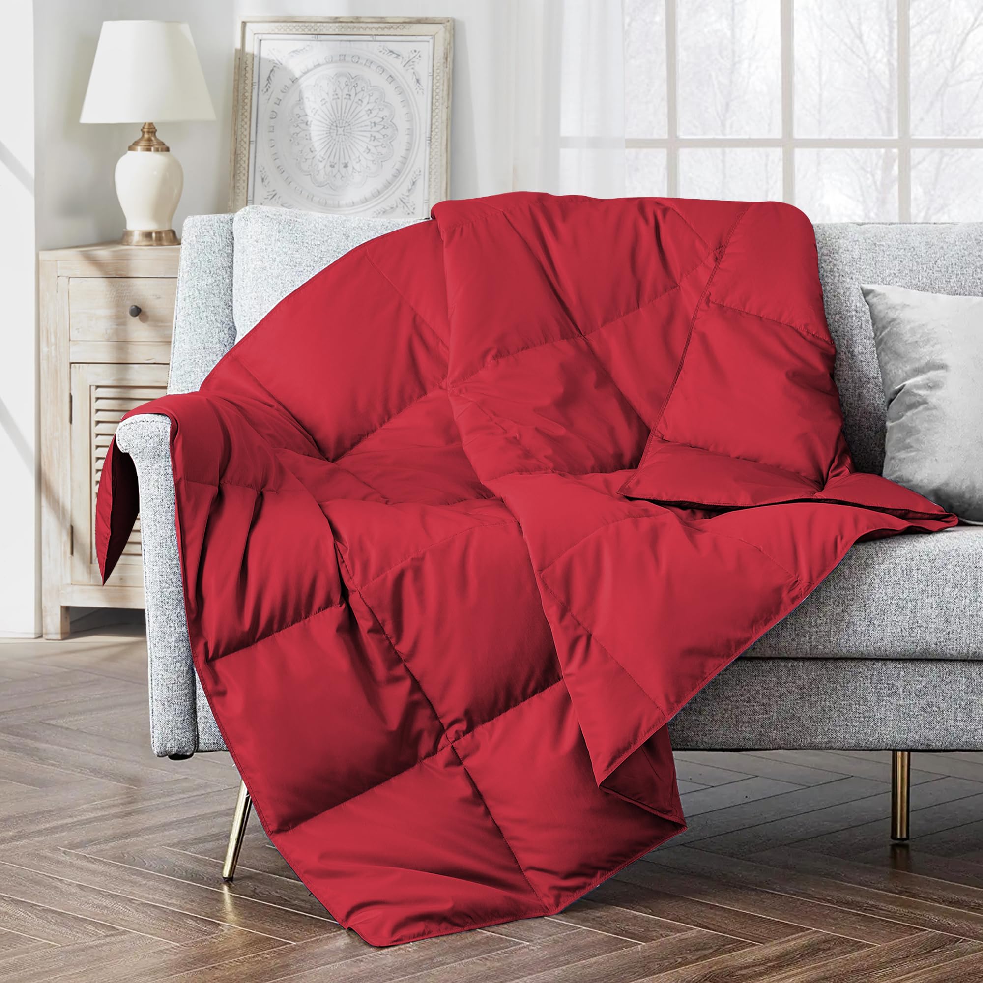 Puredown Lightweight Packable Couch Throw Soft Feather Down Throw Blanket For Indoor And Outdoor Use, 50'X70', Fiery Red