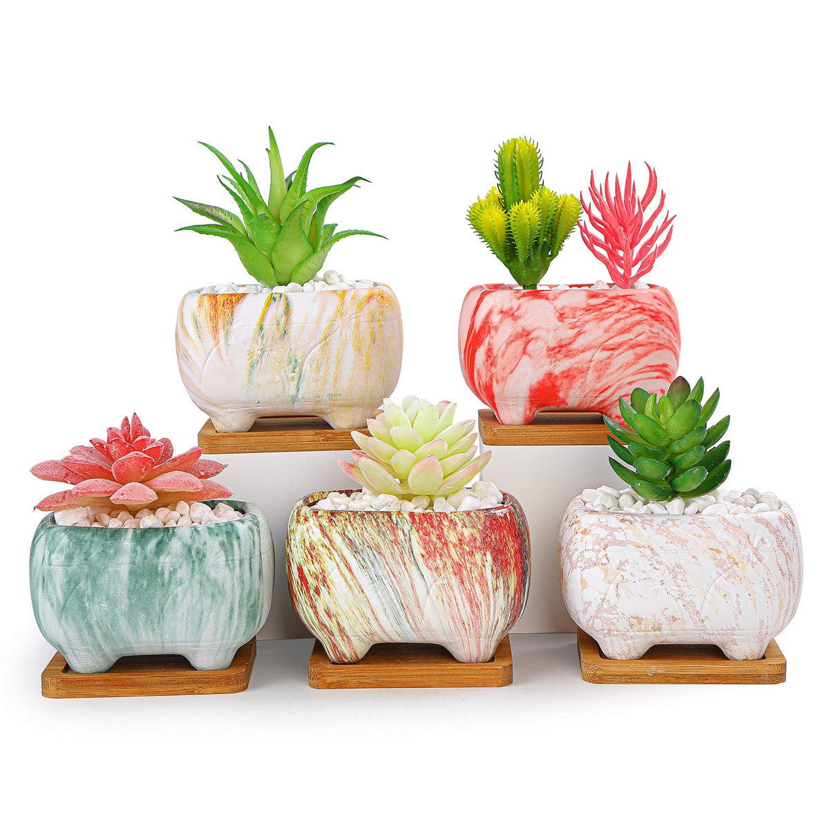 Artketty Succulent Planters, 4.7' Small Succulent Pots With Drainage Rectangular Cactus Planter With Bamboo Trays Ceramic Pots