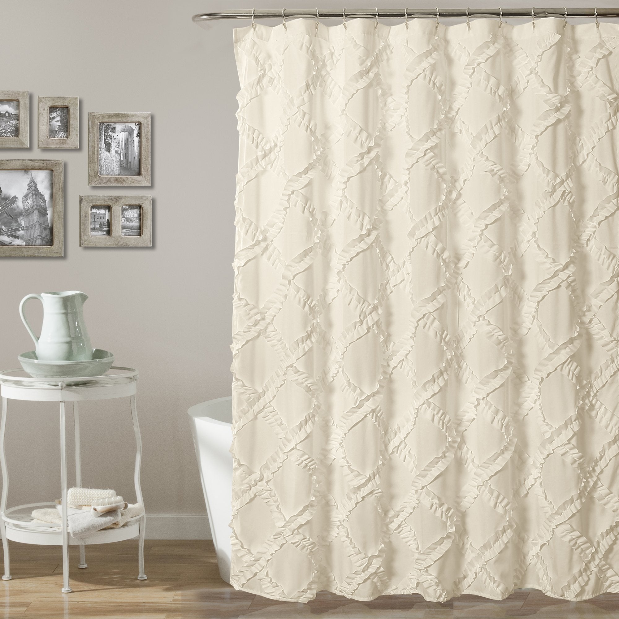 Lush Decor, Ivory/Pale Yellow Ruffle Diamond Shower Curtain | Textured Shabby Chic Farmhouse Style Design, X 72, 72' X 72'
