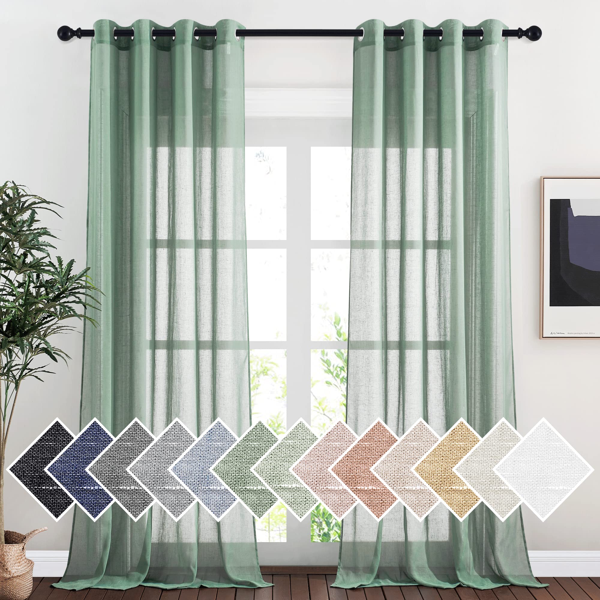 Nicetown Linen Curtains Flax Sheer Texture For Living Room, Grommet Semi Sheer Vertical Drapes Privacy With Light Filter For Hom