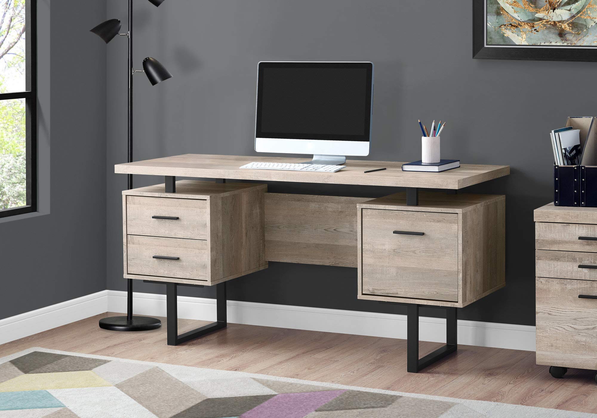 Monarch Specialties Computer Desk With Drawers - Contemporary Style - Home & Office Computer Desk With Metal Legs - 60&quot;L (Taupe Reclaimed Wood Look)