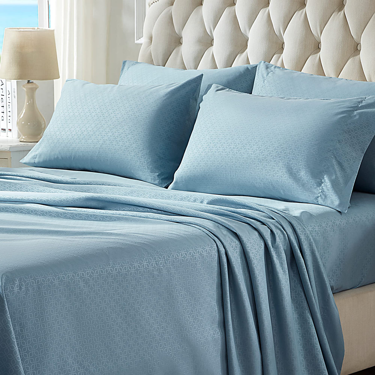 Sleep Zone Luxury Embossed Bed Sheets Set King Size, Four-Leaf Clover Pattern Sheet & Pillowcase Sets 4 Piece - Super Soft, Wrin