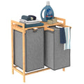 ClosetMaid Bamboo Laundry Hamper and Shelf, 2 Sliding Bag Sections, Laundry Sorter with Dual Compartments, Gray Bags, Natural Fi