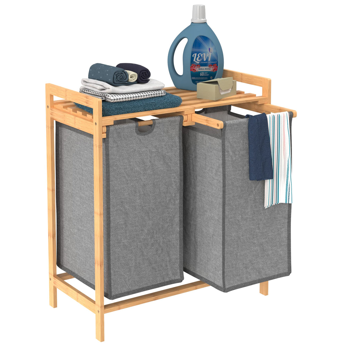 ClosetMaid Bamboo Laundry Hamper and Shelf, 2 Sliding Bag Sections, Laundry Sorter with Dual Compartments, Gray Bags, Natural Fi