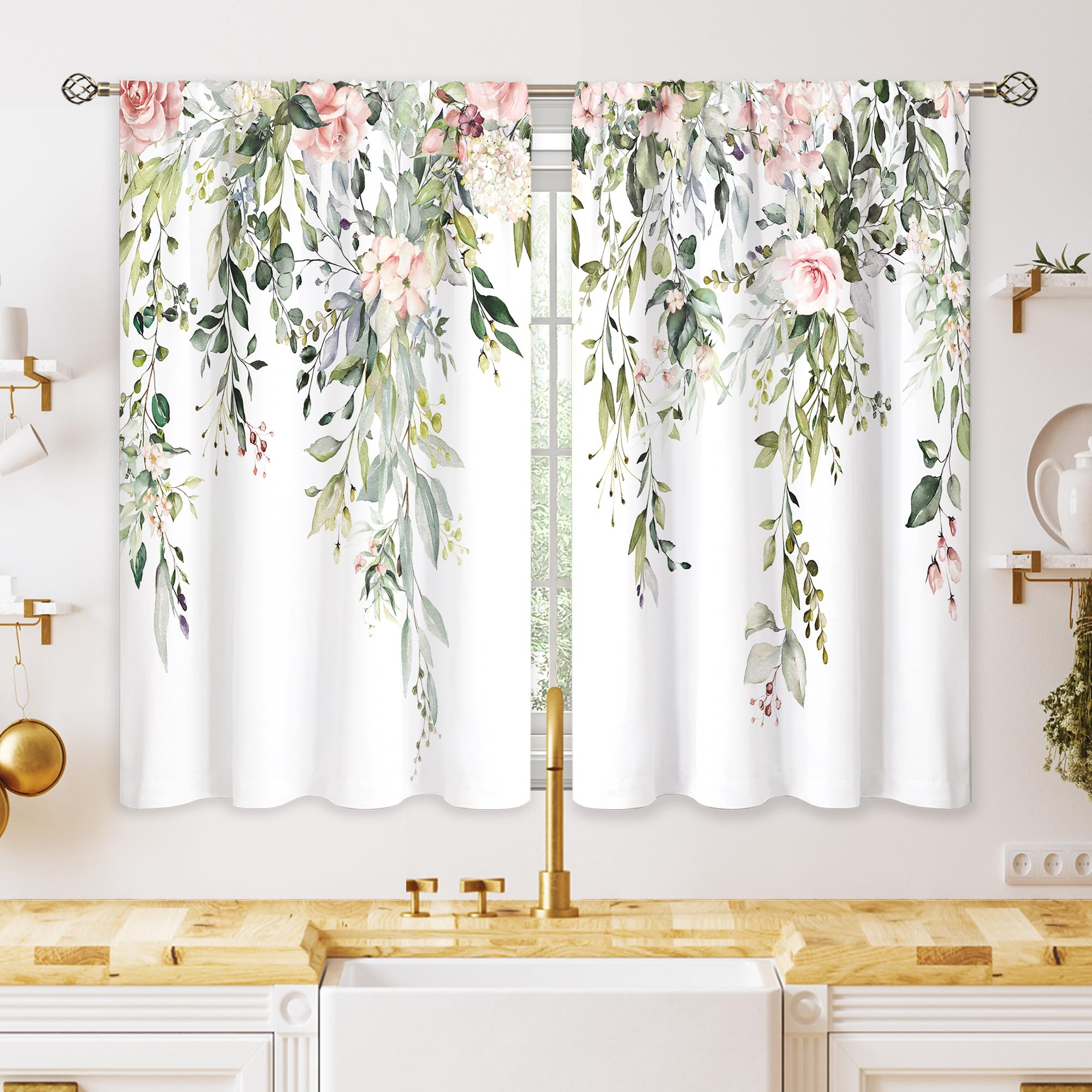 Oolygoo Eucalyptus Botanical Leaves Pink Rose Floral Kitchen Window Curtains Flower Plant Leaf Small Window Treatment Sage Green