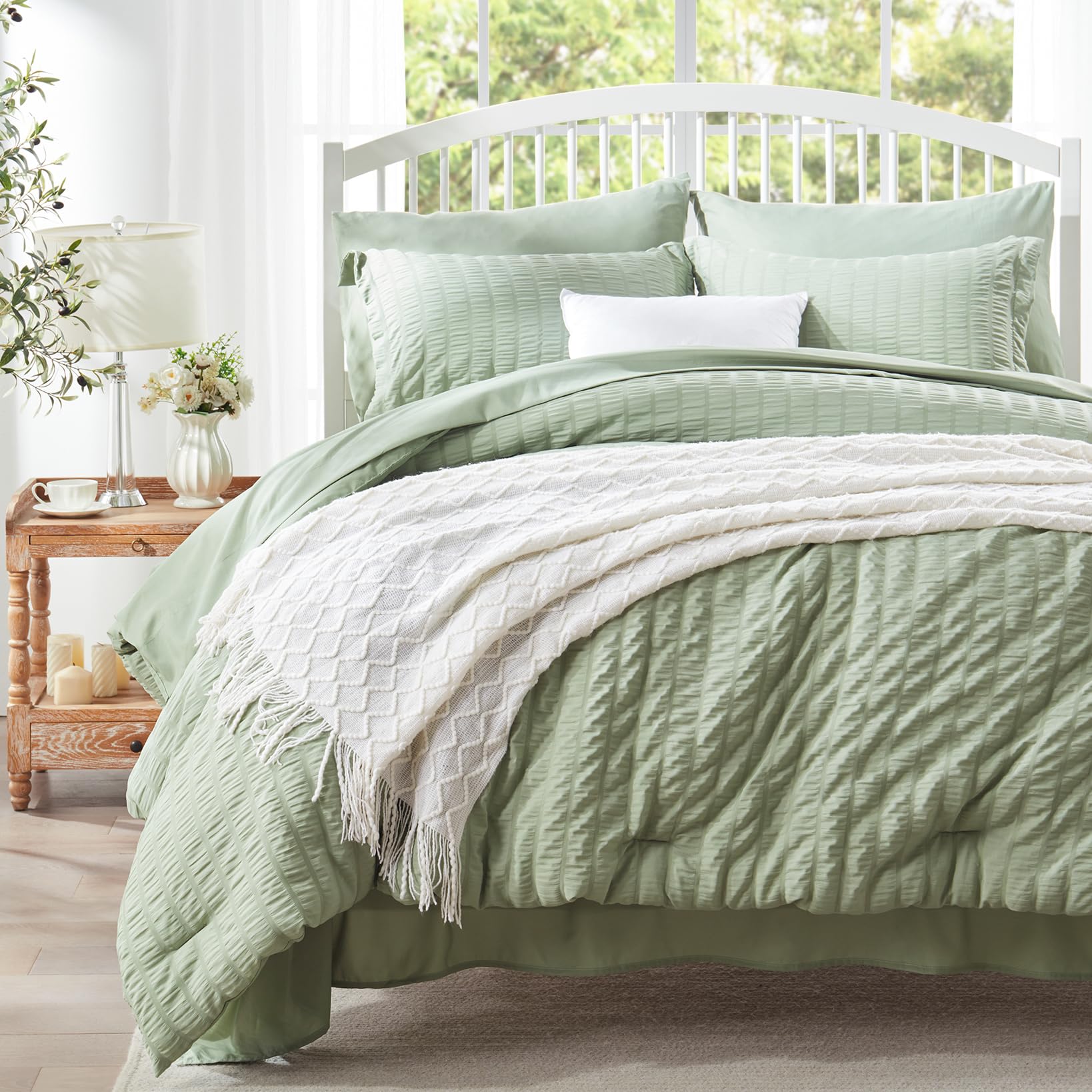 Zzlpp Queen Comforter Set 7 Pieces, Sage Green Seersucker Bed In A Bag With Comforter And Sheets, All Season Bedding Sets With 1