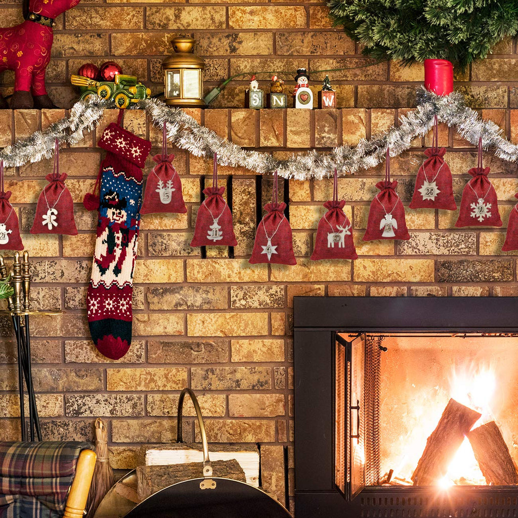 Naler Christmas Advent Calendar 2024, 24 Pieces Christmas Drawstring Gift Bags Burlap Hanging Countdown Calendar Bags With Woode