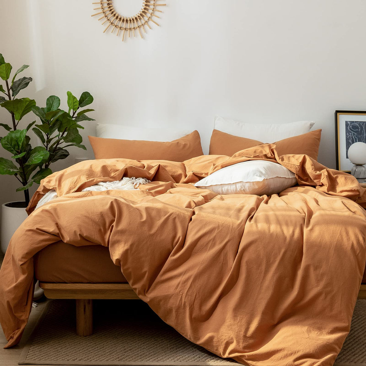 Moomee Bedding Duvet Cover Set 100% Washed Cotton Linen Like Textured Breathable Durable Soft Comfy (Burnt Orange, Queen)