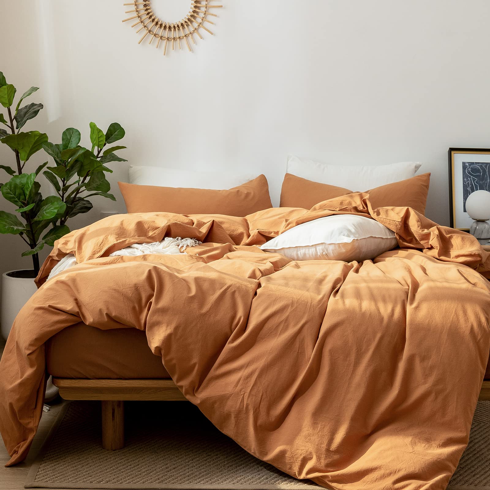Moomee Bedding Duvet Cover Set 100% Washed Cotton Linen Like Textured Breathable Durable Soft Comfy (Burnt Orange, Queen)