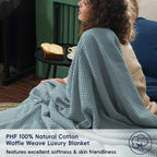 Phf 100% Cotton Waffle Weave Blanket King Size 104' X 90' - Lightweight Cozy Washed Soft Breathable Throw - Perfect Layer For Couch Bed Sofa - Elegant Aesthetic Home Decoration Gift - Ocean